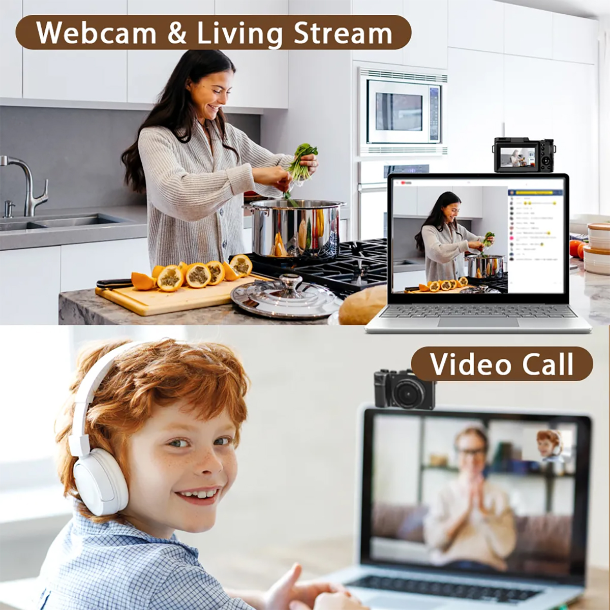 Eine Frau kocht in einer Küche und ein Junge telefoniert per Video. Text: Webcam & Living Stream. Videoanruf.