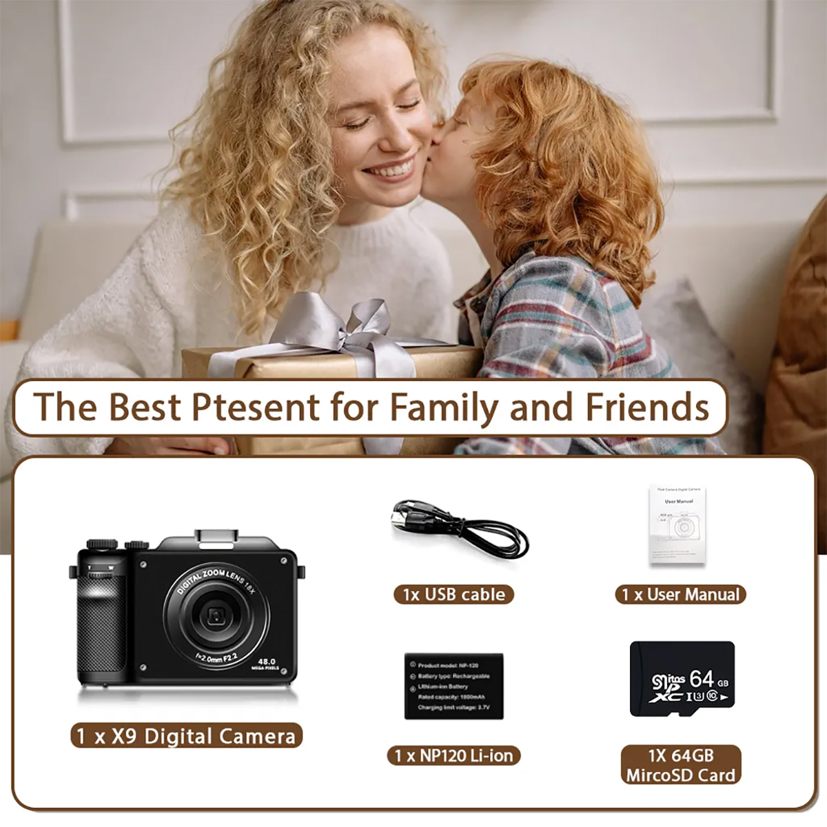 Frau und Kind mit Geschenk, Kamera, Kabel, Akku, Handbuch und SD-Karte auf weißem Hintergrund.