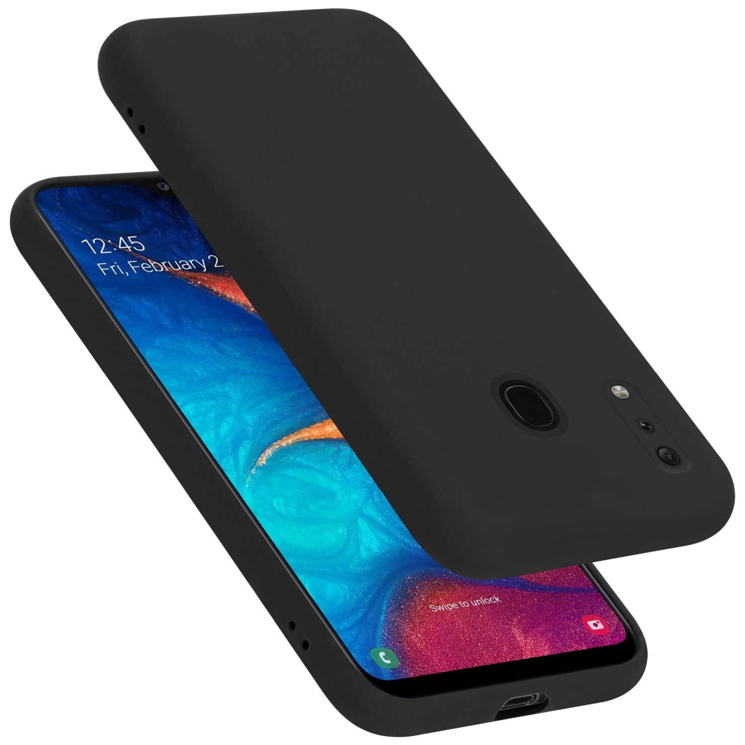 Schwarze Handyhülle, mit einem Handy darin, abgewinkelt. Die Hülle bedeckt das Handy, mit Knöpfen und Kameraöffnungen.