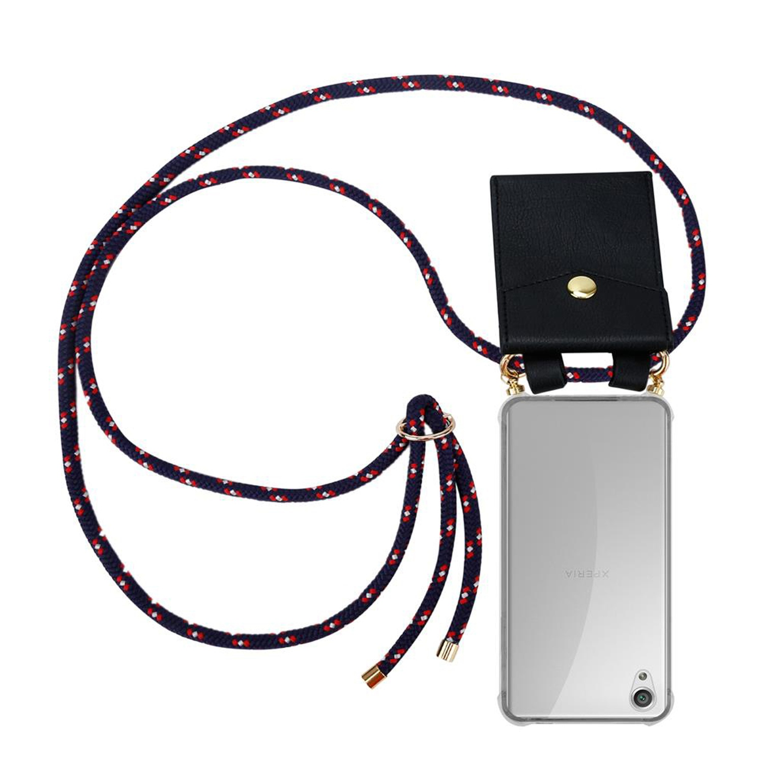 Ein Telefon in einer transparenten Hülle mit einem Umhängeband. Das Band ist marineblau, rot und weiß. Schwarzer Kartenhalter.