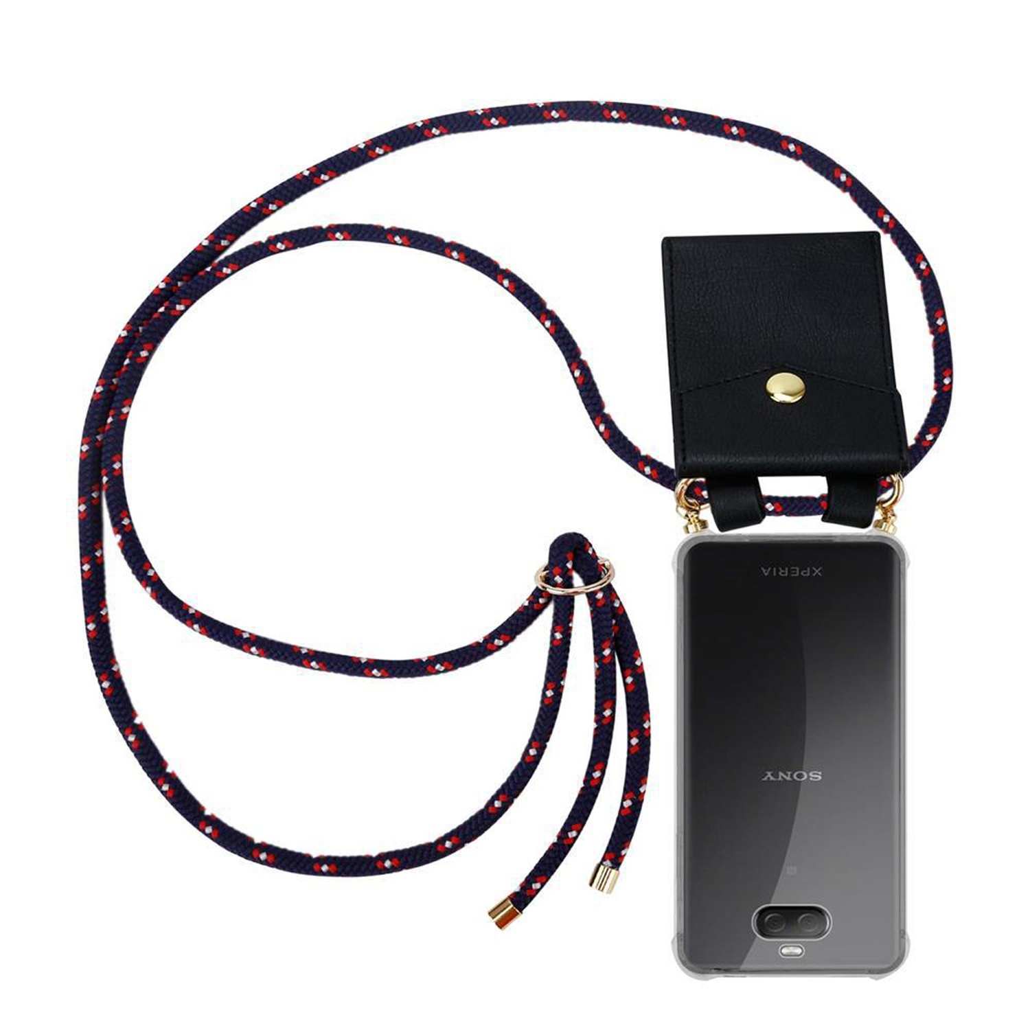 Telefon mit Lanyard, schwarzer Hülle und schwarzem Telefon.