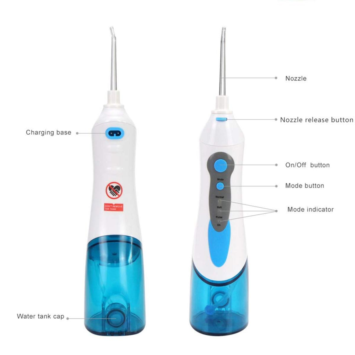 Zwei Zahn-Wasser-Flosser. Einer zeigt die Teile des Geräts, der andere die Bedienelemente.