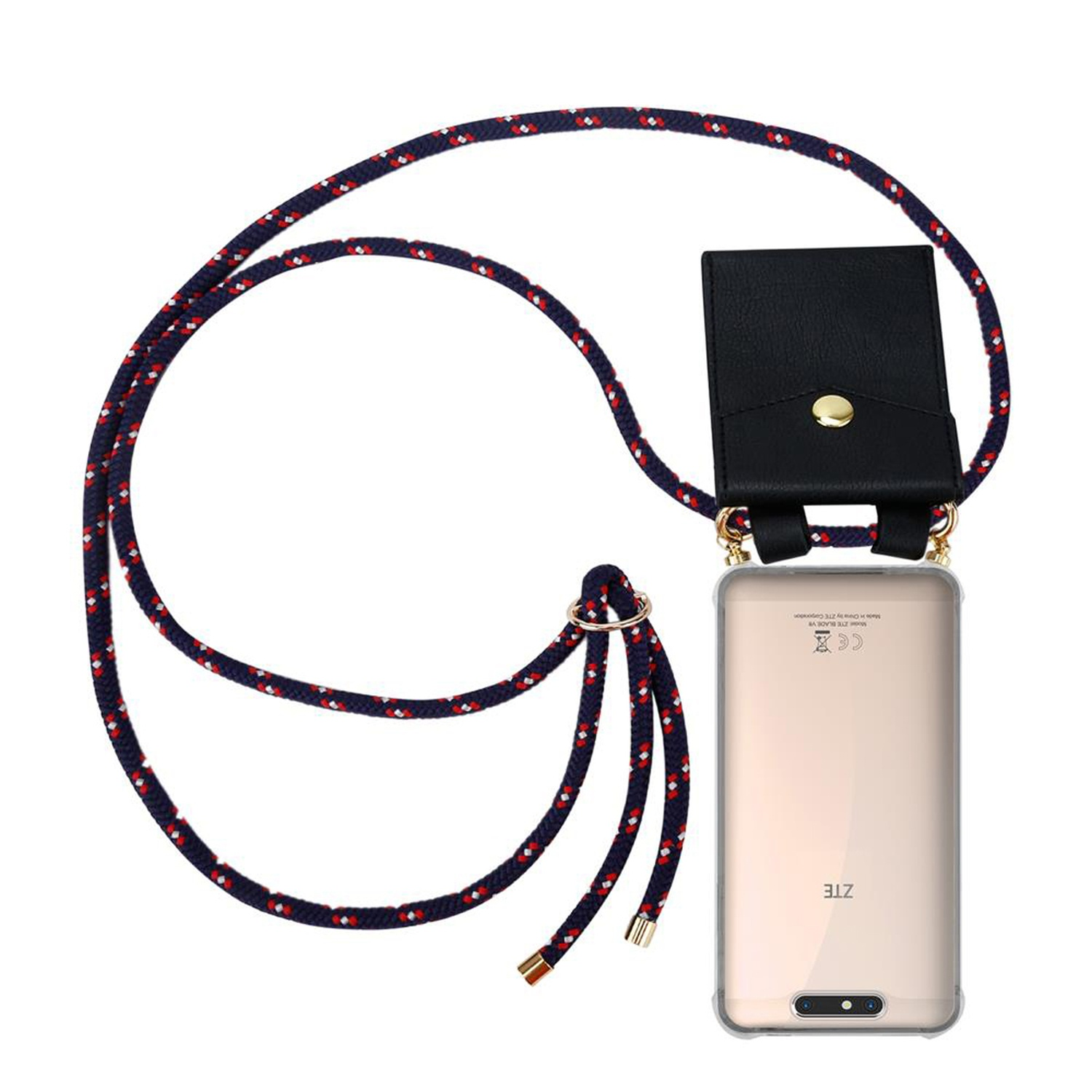 Rückseite eines Smartphones mit Lanyard. Das Lanyard ist marineblau mit roten und weißen Akzenten.