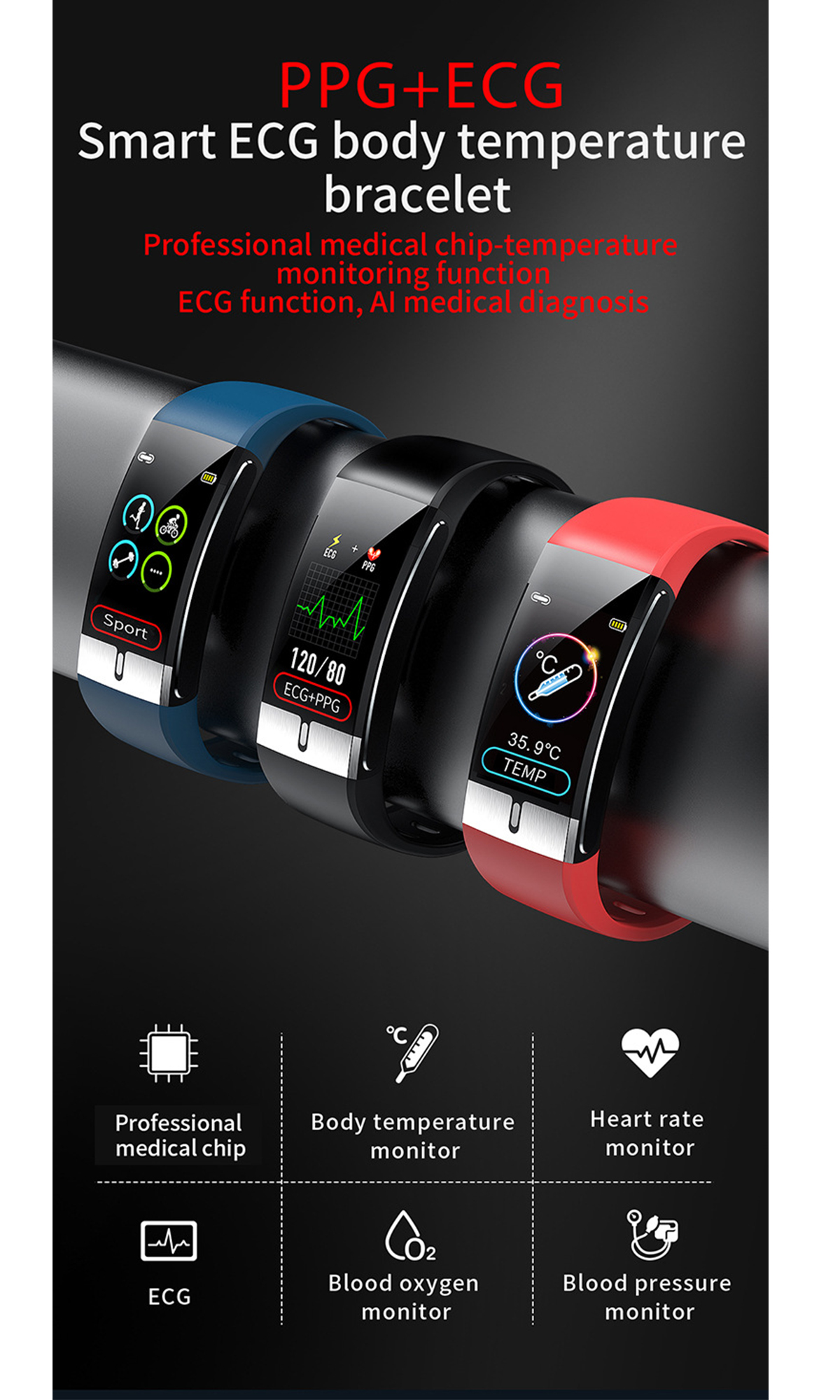 Drei Smartwatches, die Gesundheitsdaten anzeigen. Sie haben schwarze Armbänder und zeigen Blutdruck, EKG und Körpertemperatur.