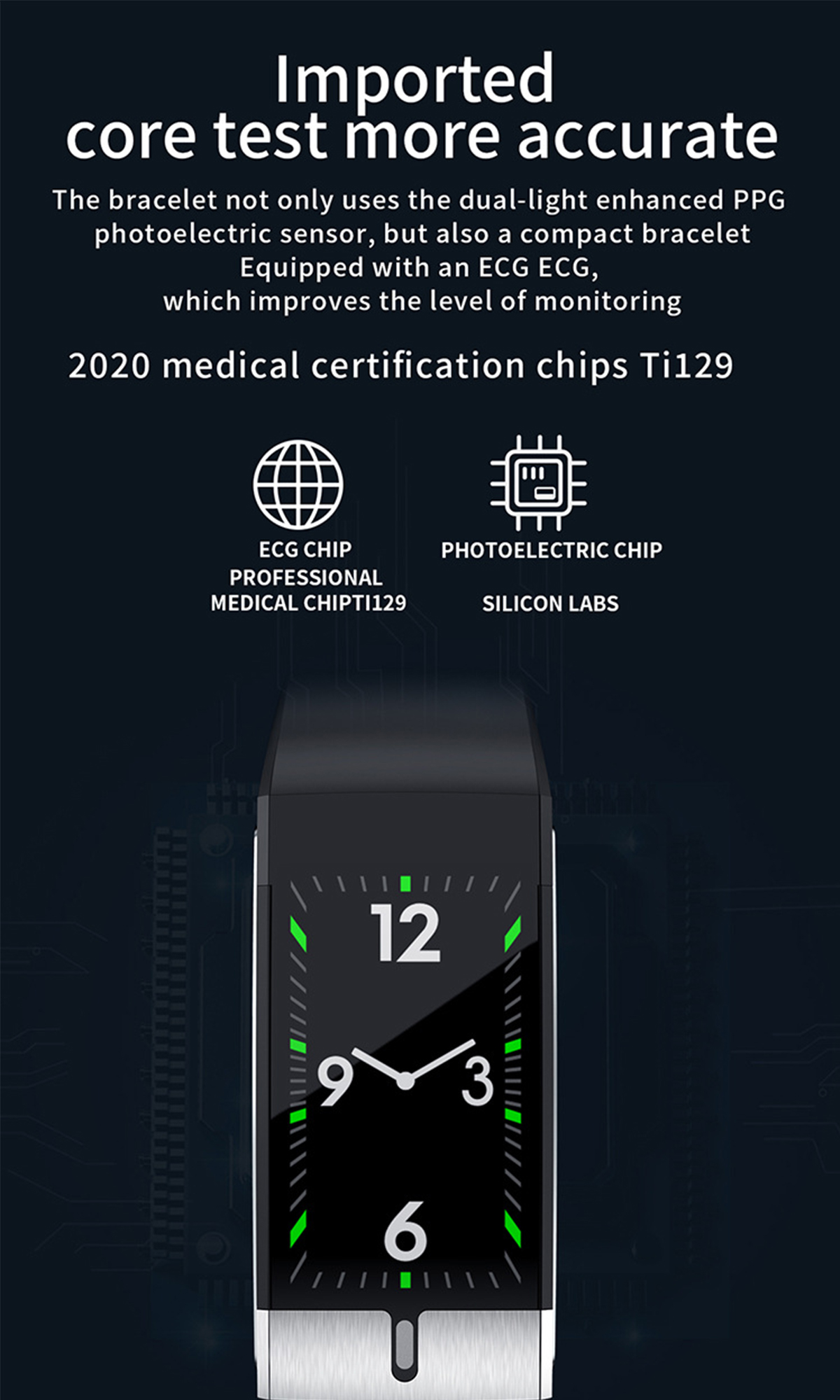 Smartwatch mit schwarzem Armband, Digitalanzeige mit Uhrzeit und Text über PPG-Chip und EKG.