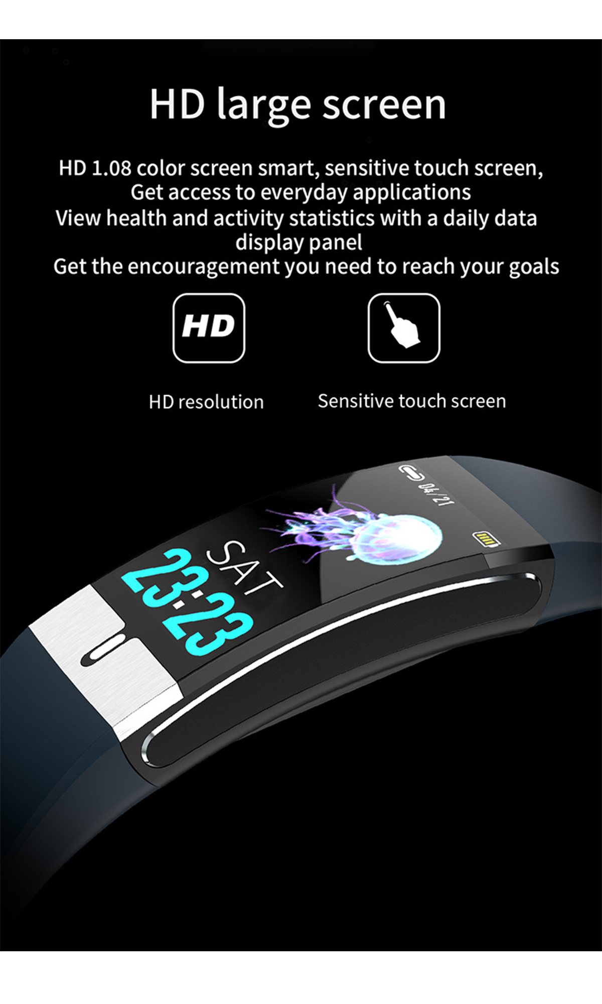 Smartwatch mit schwarzem Armband. Das Zifferblatt zeigt Zeit und Gesundheitsdaten an.