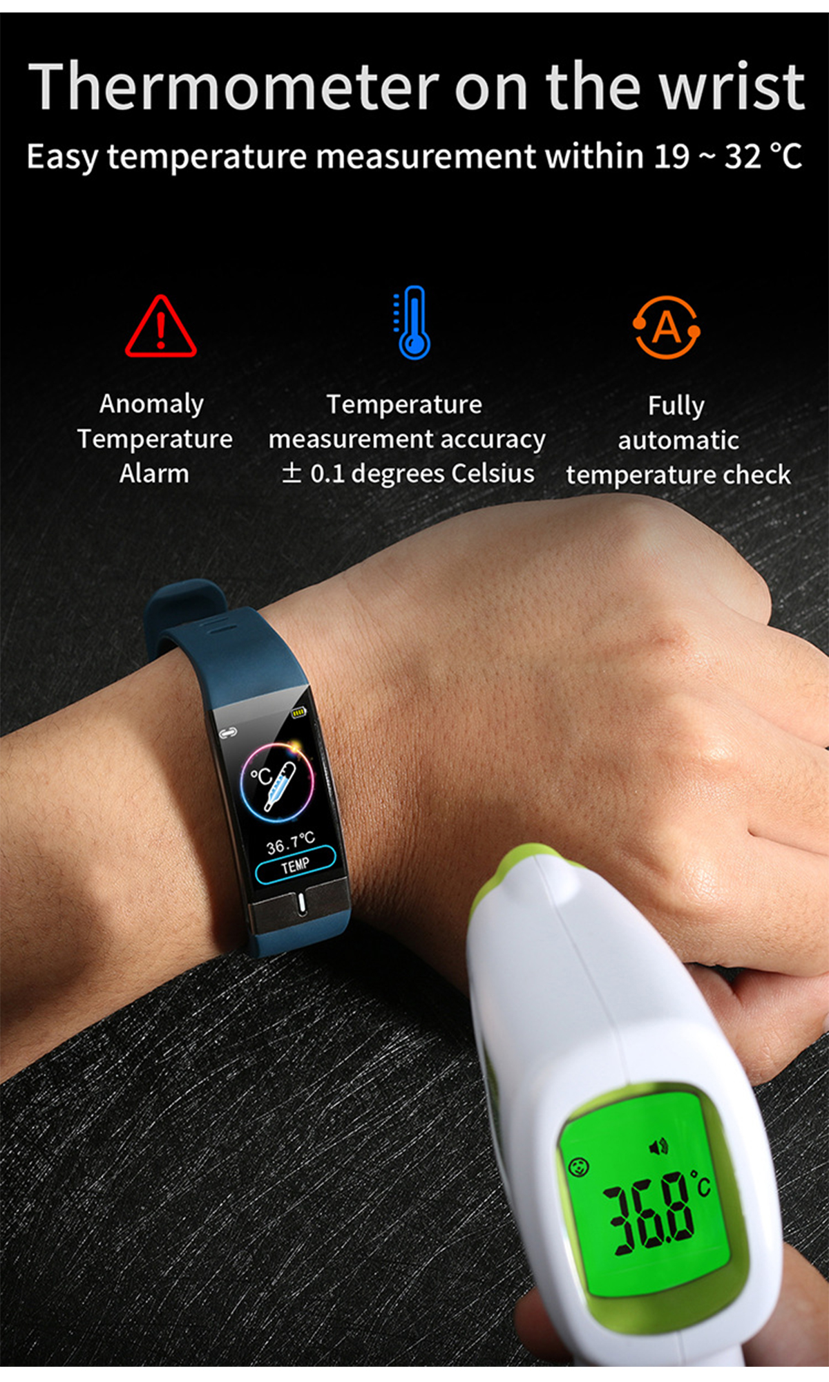 Handgelenk mit Smartwatch, die Temperatur misst. Thermometer im Vordergrund.