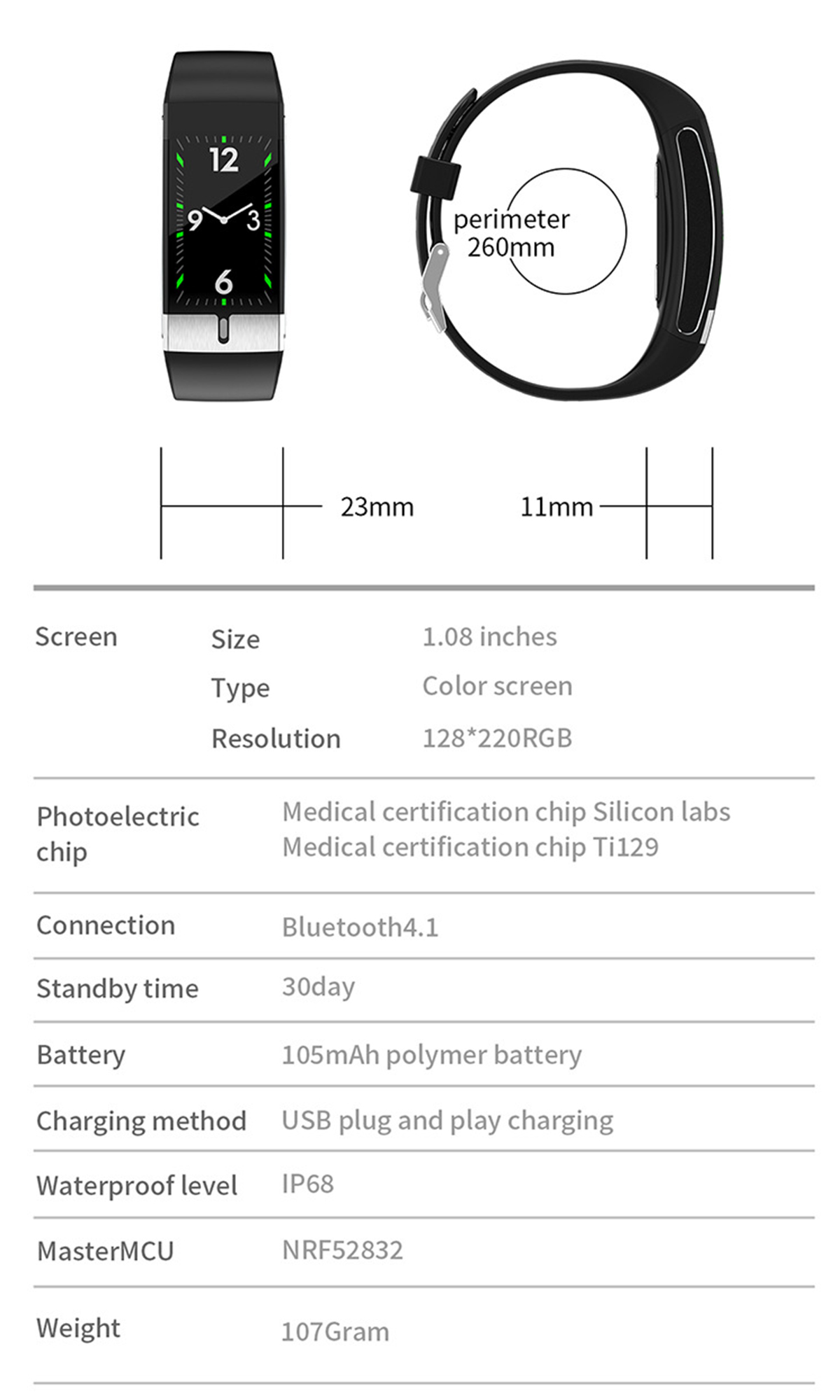Smartwatch mit schwarzem Band. Zeigt die Uhrzeit an, technische Daten unterhalb der Uhr.