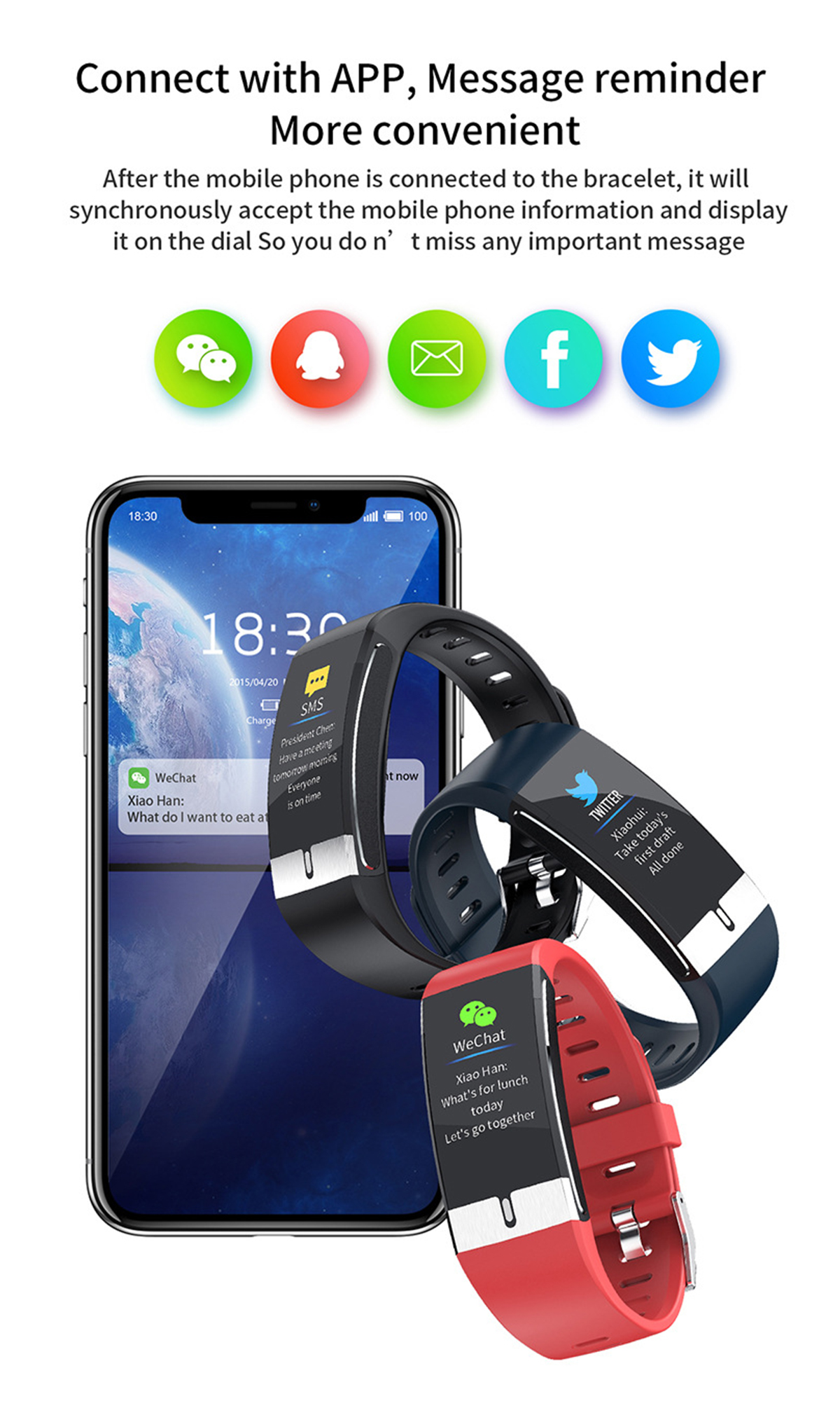 Smartwatches in Schwarz, Blau und Rot auf einem Smartphone-Bildschirm, der Nachrichten von Social-Media-Apps anzeigt.