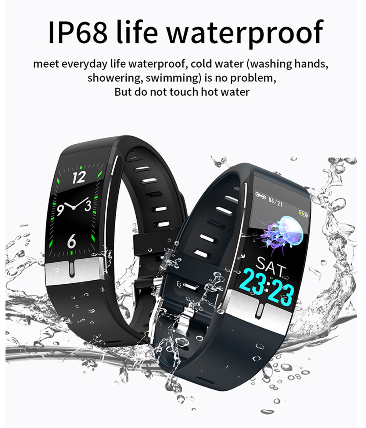 Zwei schwarze Smartwatches zeigen Zeit und Datum, mit Wassertropfen, was Wasserdichtigkeit anzeigt.