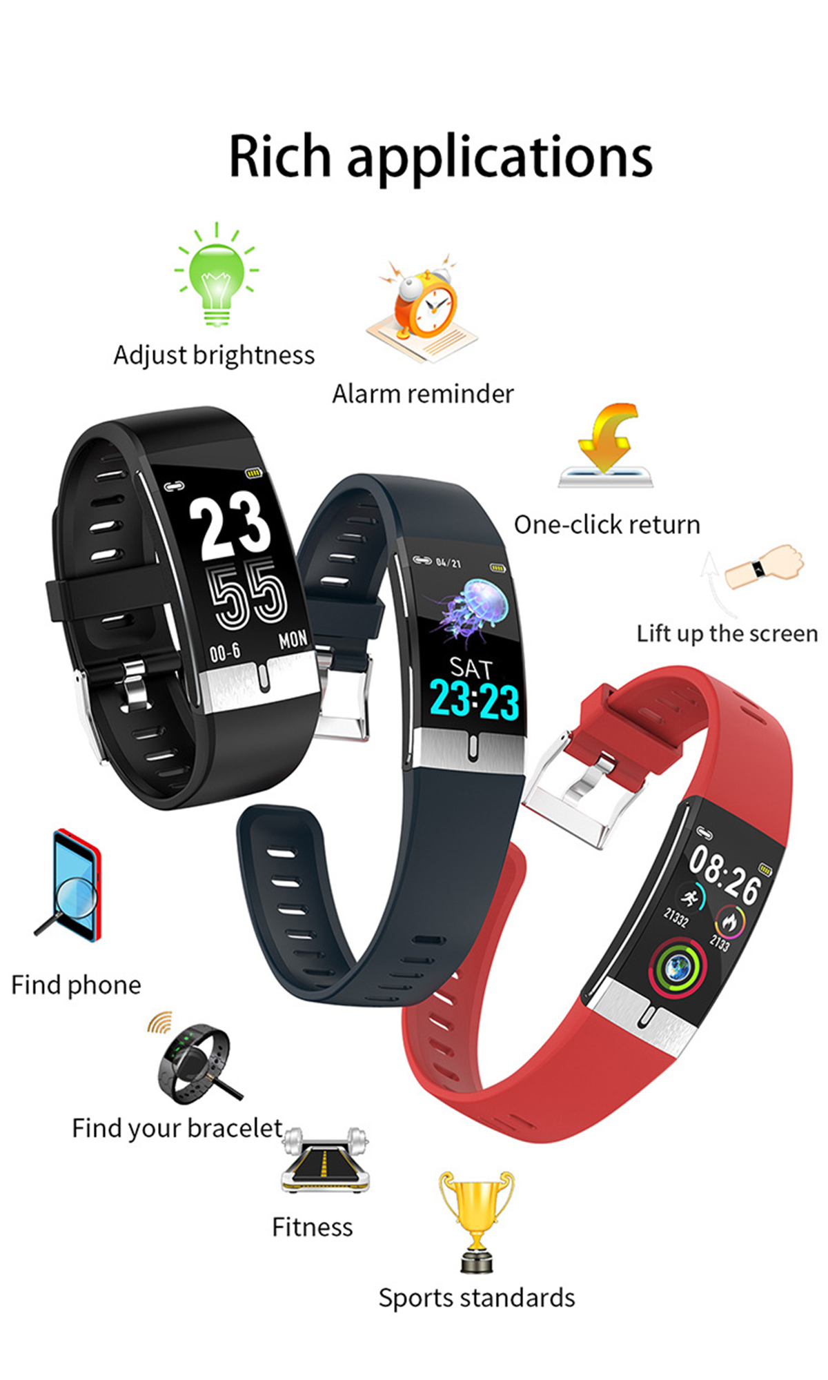Drei Smartwatches in verschiedenen Farben. Symbole für Funktionen umgeben die Uhren. Text 'Rich applications' steht oben.