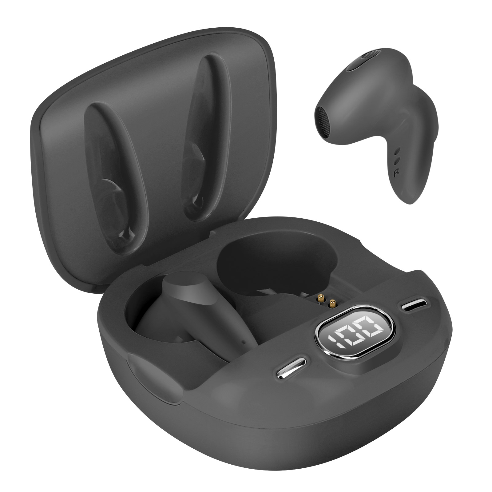 Una custodia di ricarica grigio scuro con un paio di auricolari. La custodia è aperta, rivelando gli auricolari.