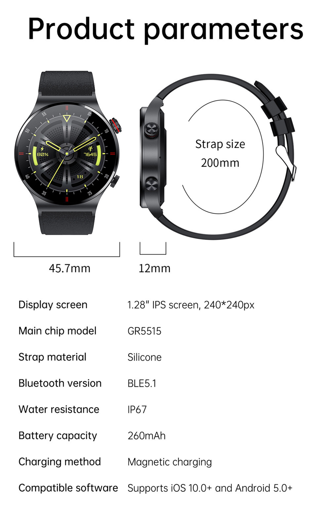 BRIGHTAKE Smartwatch EKG+PPG: Blutdruck Herzfrequenz, Silikon, Wasserdicht, Schwarz Smartwatch