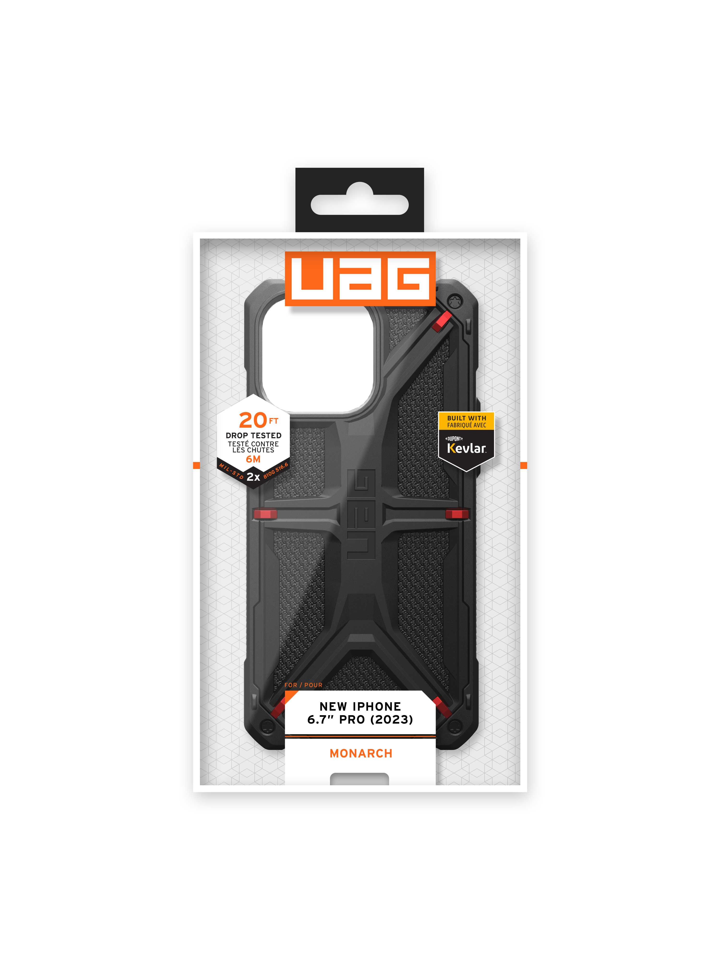 Eine schwarze Handyhülle in einer Box mit transparenter Vorderseite, mit dem Markennamen UAG.