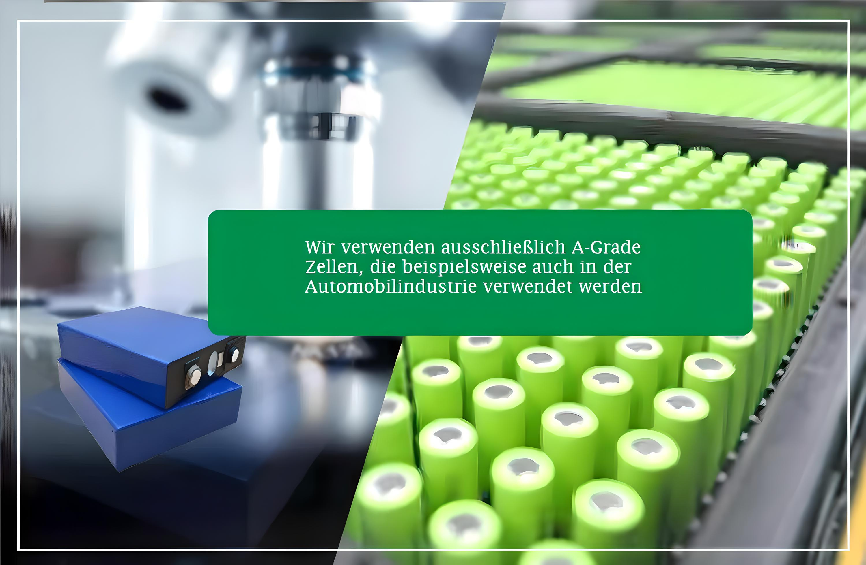 Das Bild zeigt eine geteilte Ansicht mit einer Batteriezelle und einer Fertigungslinie, mit deutschem Text.