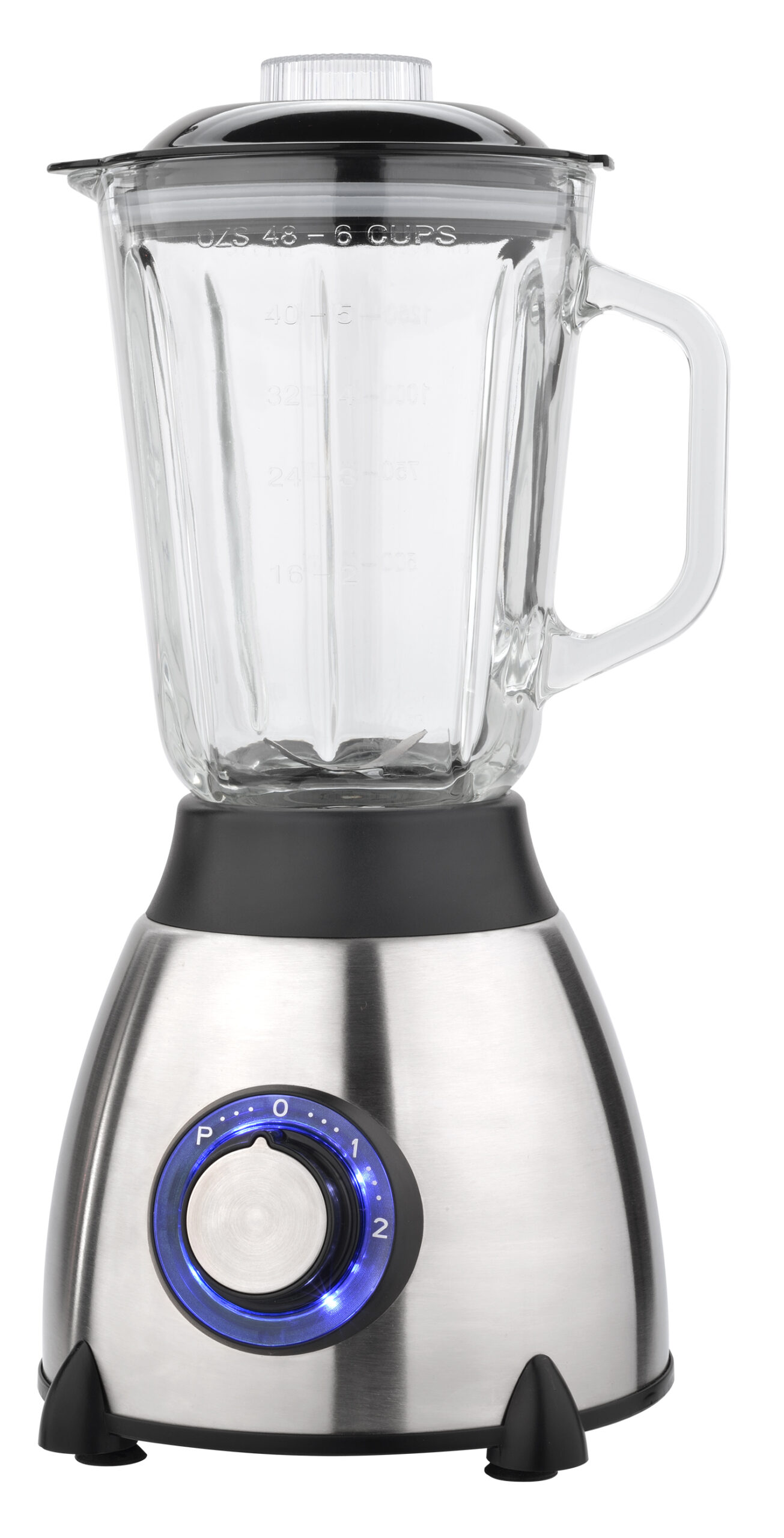 Silber-schwarzer Mixer mit Glaskanne und Wahlschalter.