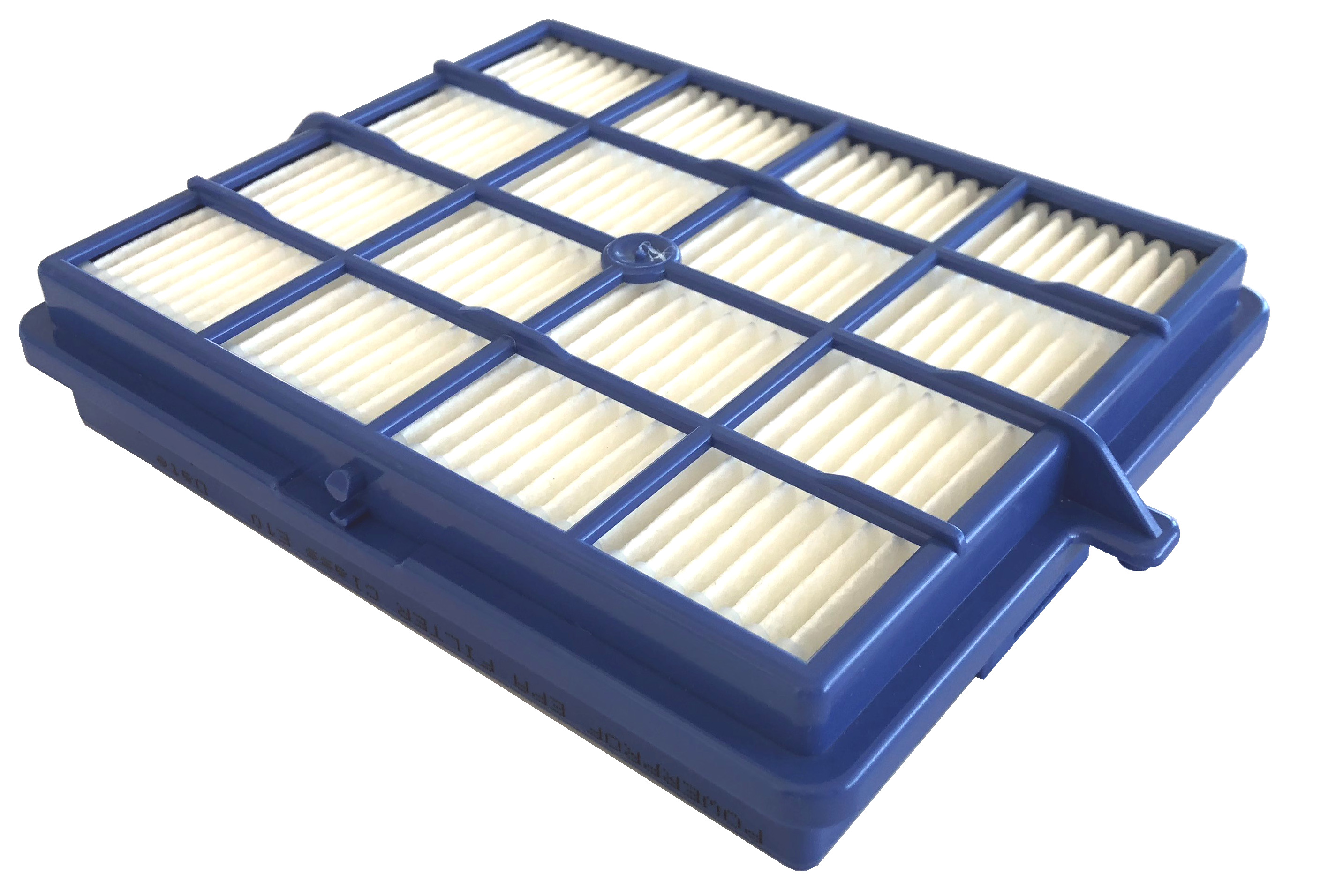 Blauer rechteckiger HEPA-Filter mit weißem Filtermaterial.