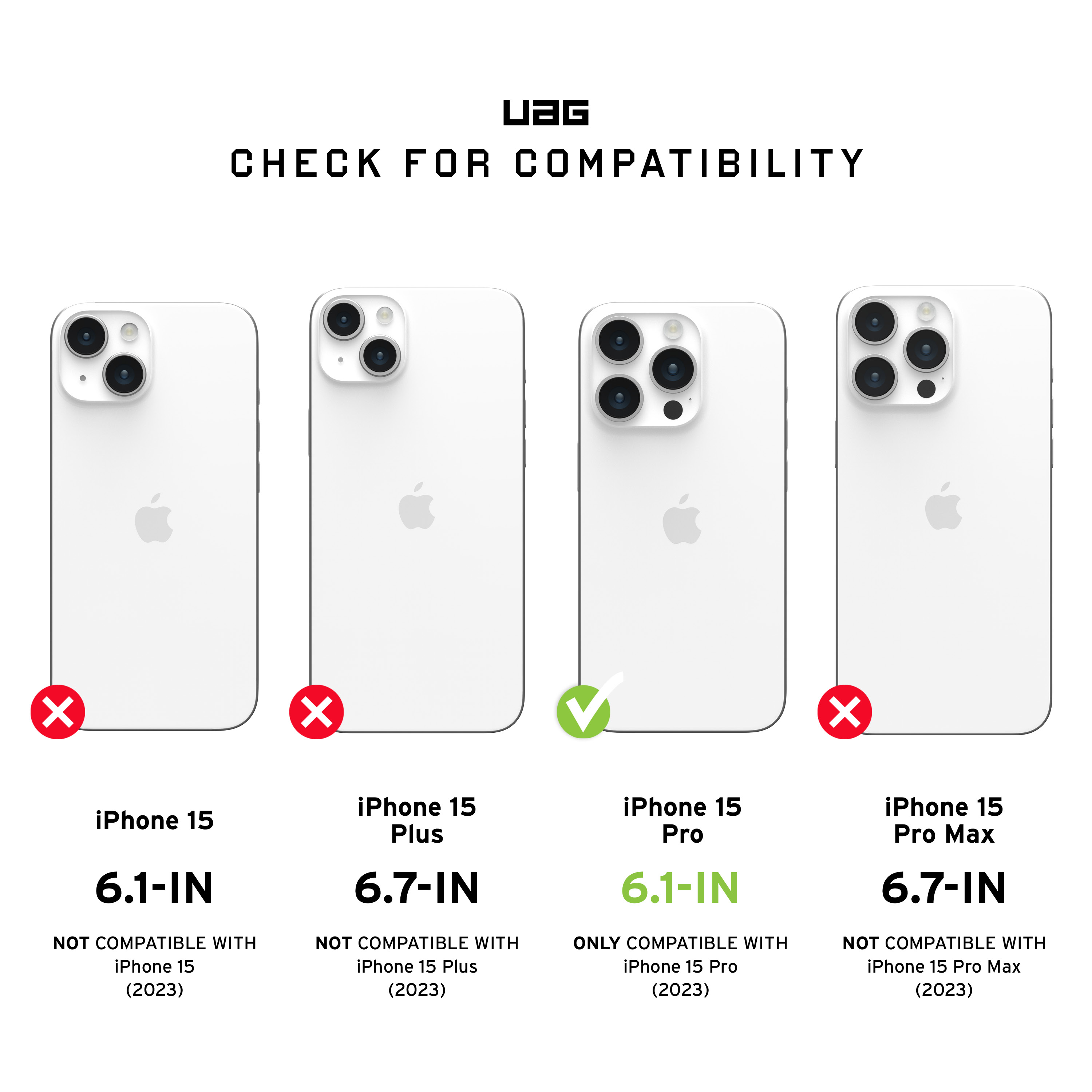 Weiße iPhone-Rückseiten, einige mit roten Xs und einem grünen Häkchen, mit Kompatibilitätsinfo.