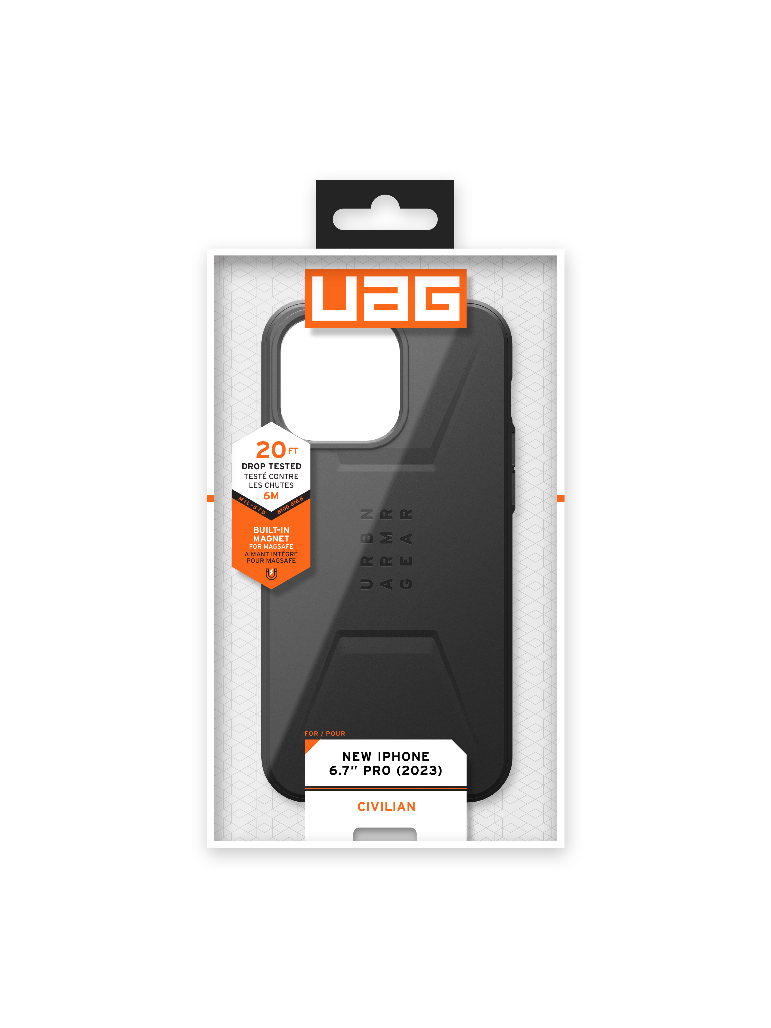 Empaque de funda negra para teléfono con texto: New iPhone 6.7" Pro (2023), probado.