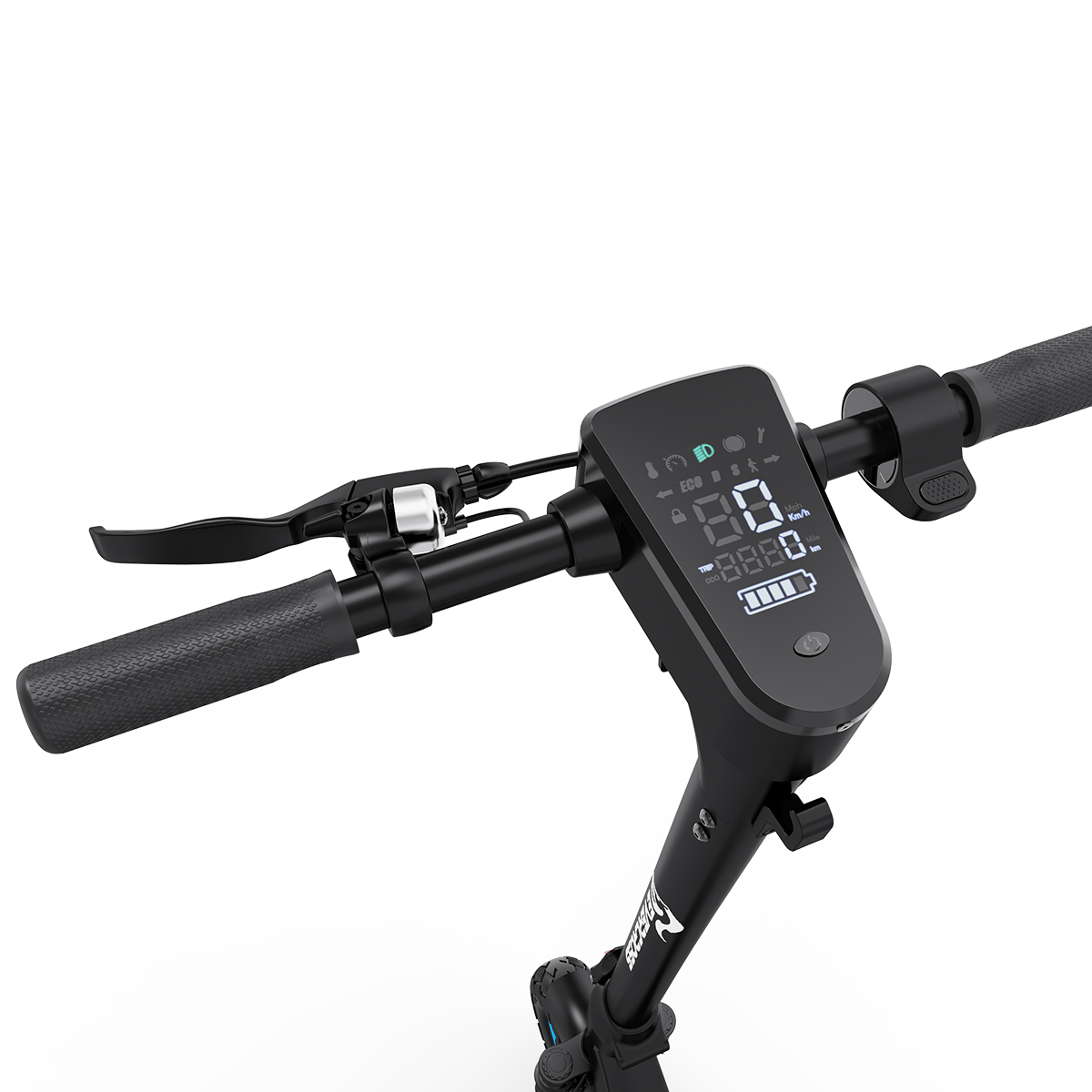 Nahaufnahme des Lenkers eines Elektrorollers mit Display und Bedienelementen.