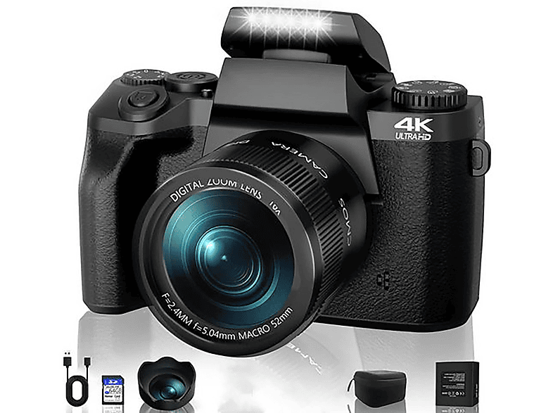 LINGDA 18x Digitalzoom，64 Megapixel Digital Kamera Schwarz, 18X opt. Zoom, 4-Zoll-HD-IPS-Display, WLAN