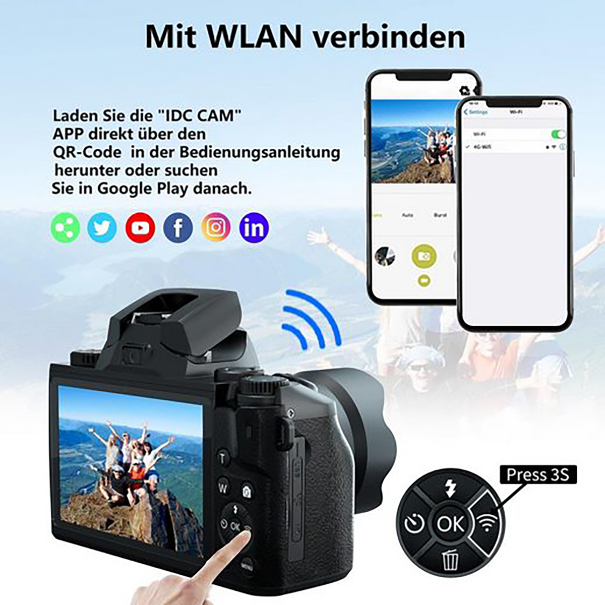 Eine Kamera, die über WLAN mit einem Smartphone verbunden ist. Anweisungen, Symbole und zwei Telefone sind vorhanden.
