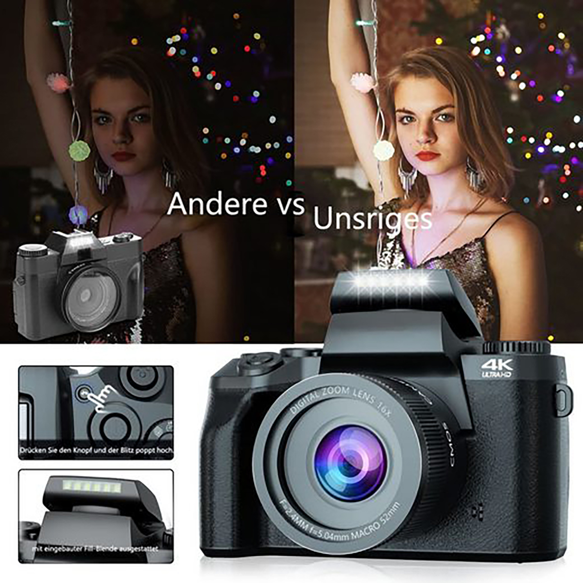 Doppelkamera Digital Schwarz, inkl.52mm Kamera MP, SD-Karte&Kameratasche 4-Zoll-HD-IPS-Display- 64 Festobjektiv,4.0\