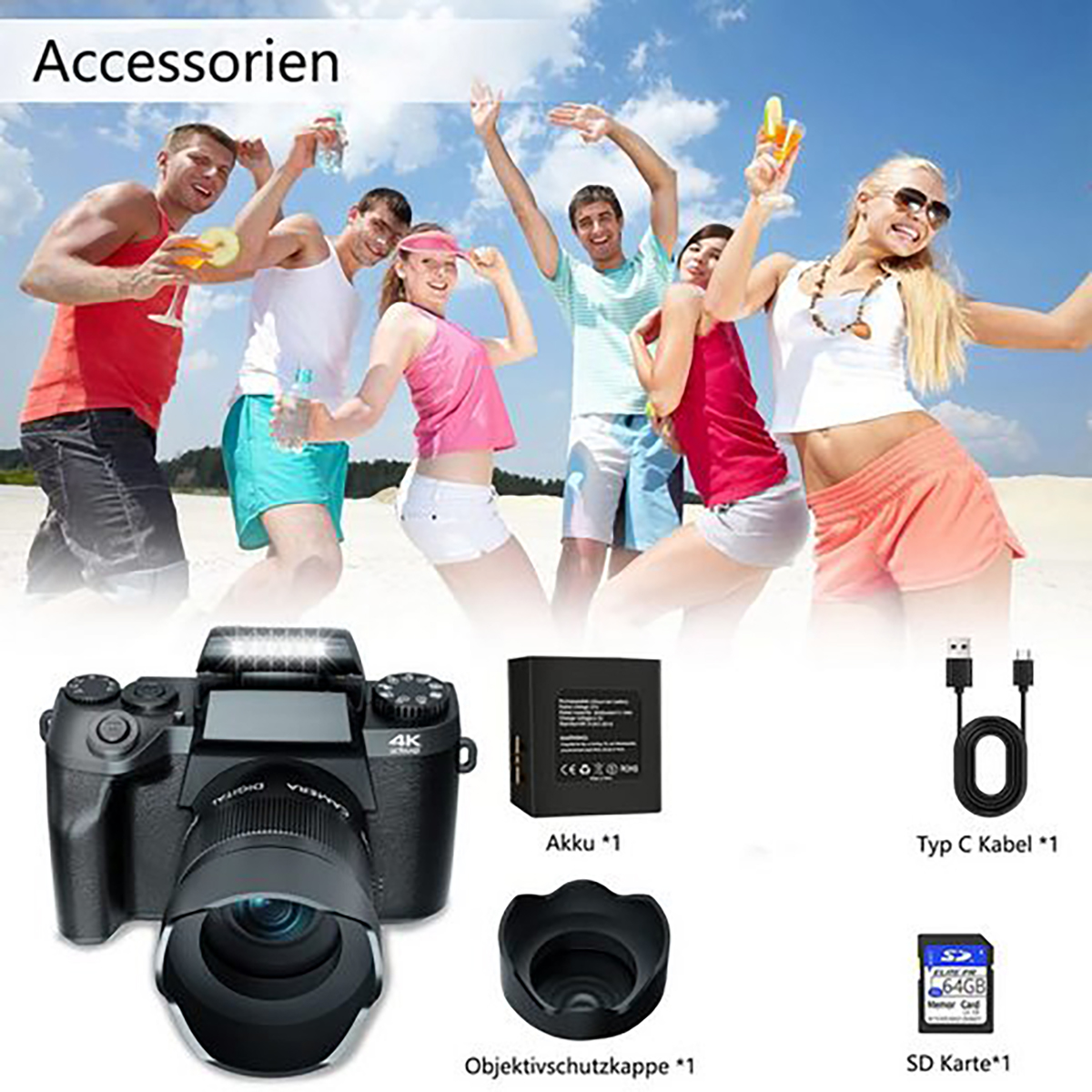 Gruppe von Menschen am Strand, Kamera und Zubehör im Vordergrund.