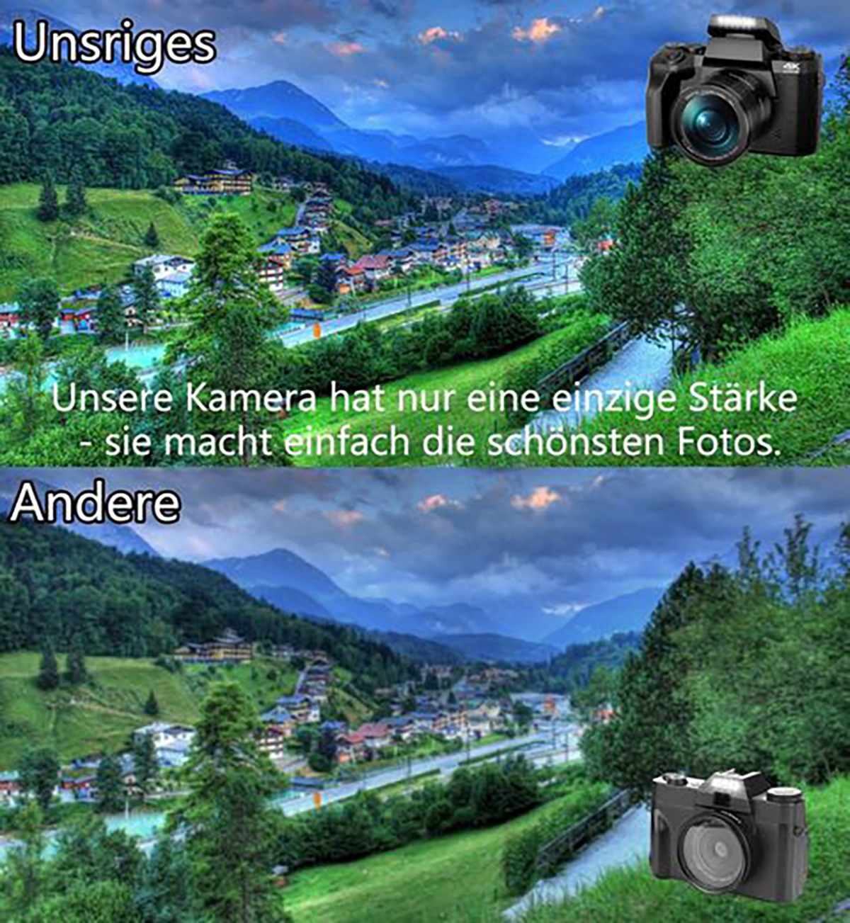 Zwei Bilder einer Landschaft mit Kameras. Eines mit der Aufschrift 'Unsriges', das andere 'Andere'.
