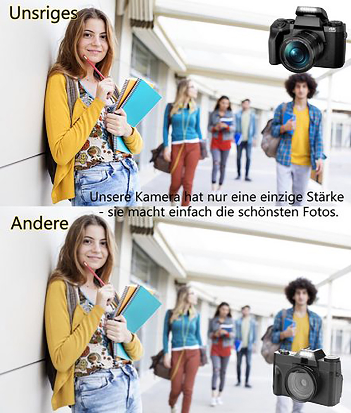 Studentin mit Büchern und Kamera. Studenten gehen durch einen Flur.