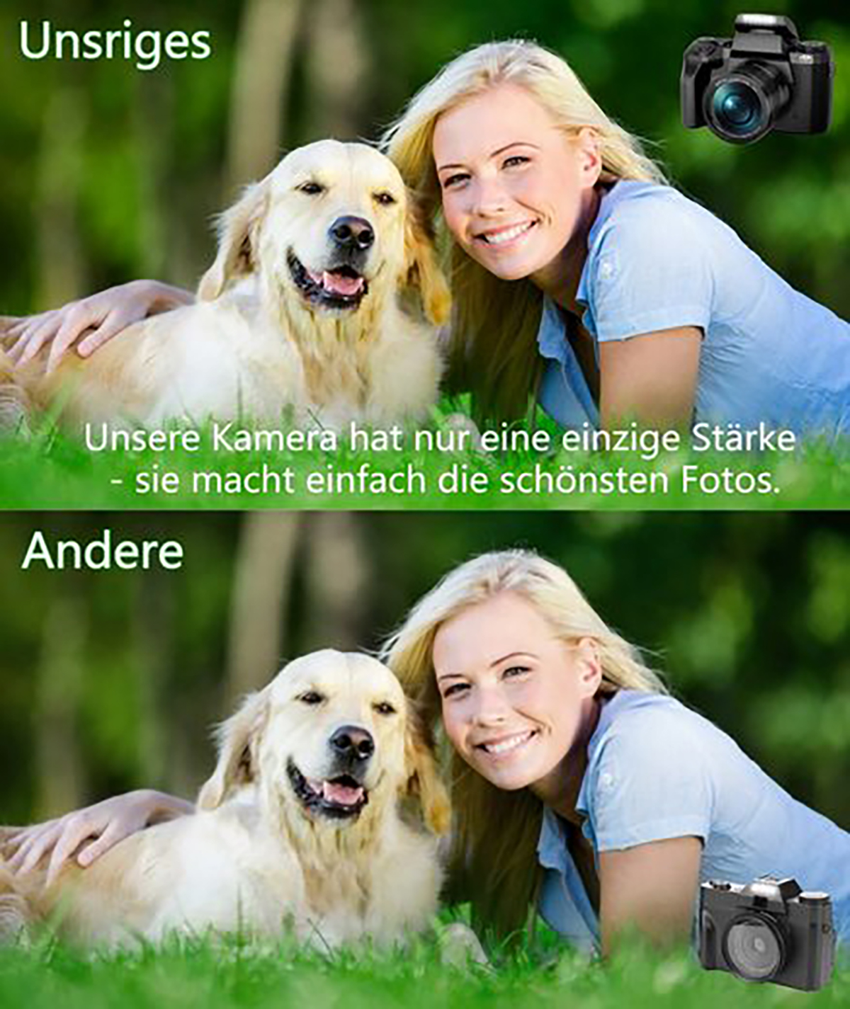 Vergleich von Hundefotos, eines mit Kamera und eines ohne, mit blonden Frau.