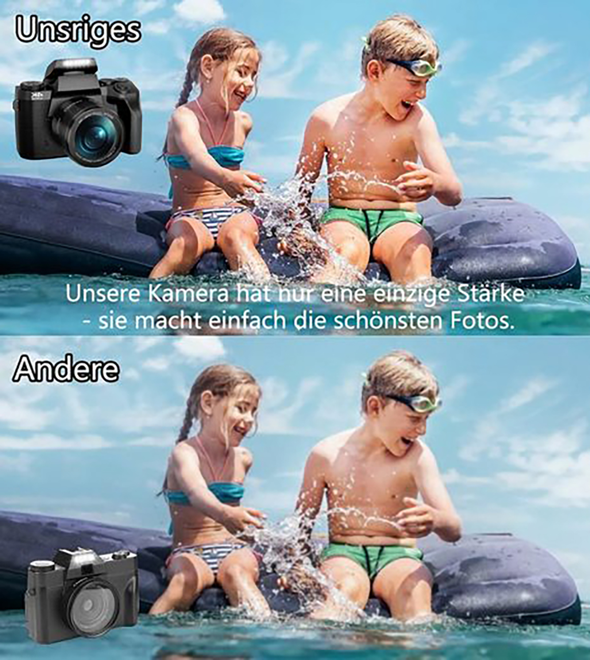 Zwei Bilder: eines mit Kamera, eines ohne, die Kinder beim Spielen im Wasser zeigen. Text oben.