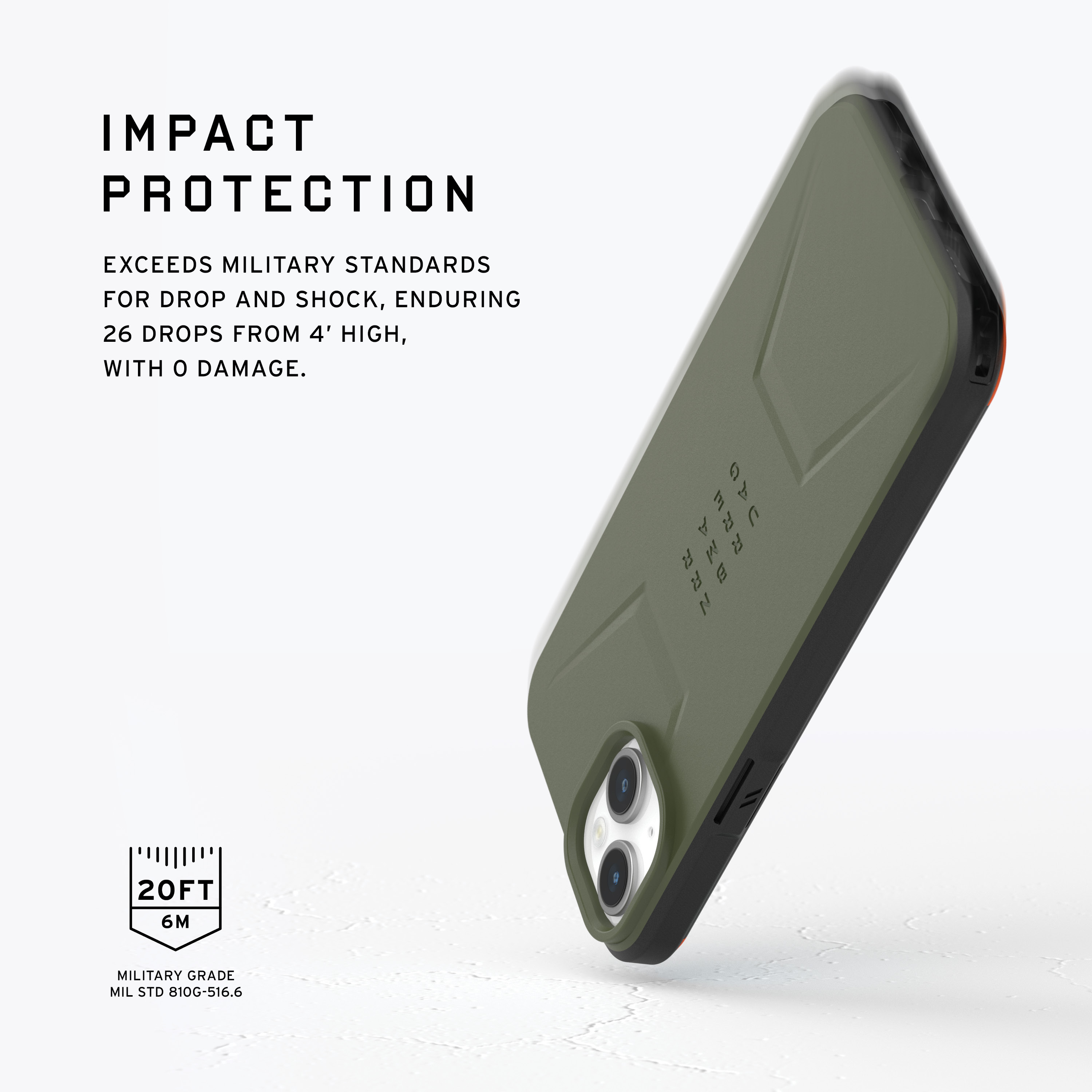 Grüne und schwarze Handyhülle. Text: 'Impact Protection' und 'Exceeds military standards' mit Sturzbild.