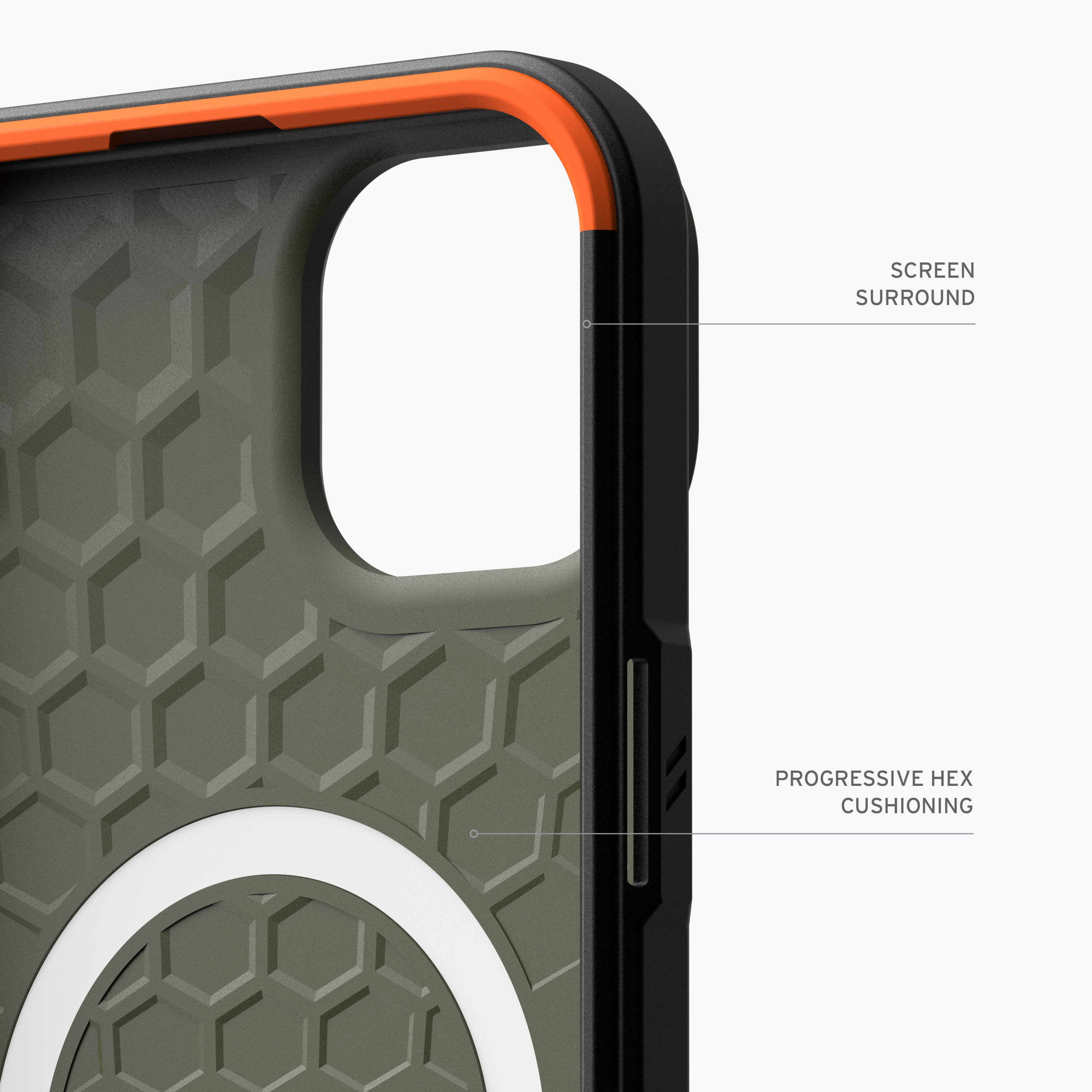 Telefongehäuse-Innenraum mit Wabenmuster, schwarz, orangefarbener Rand und weißer Kreis.
