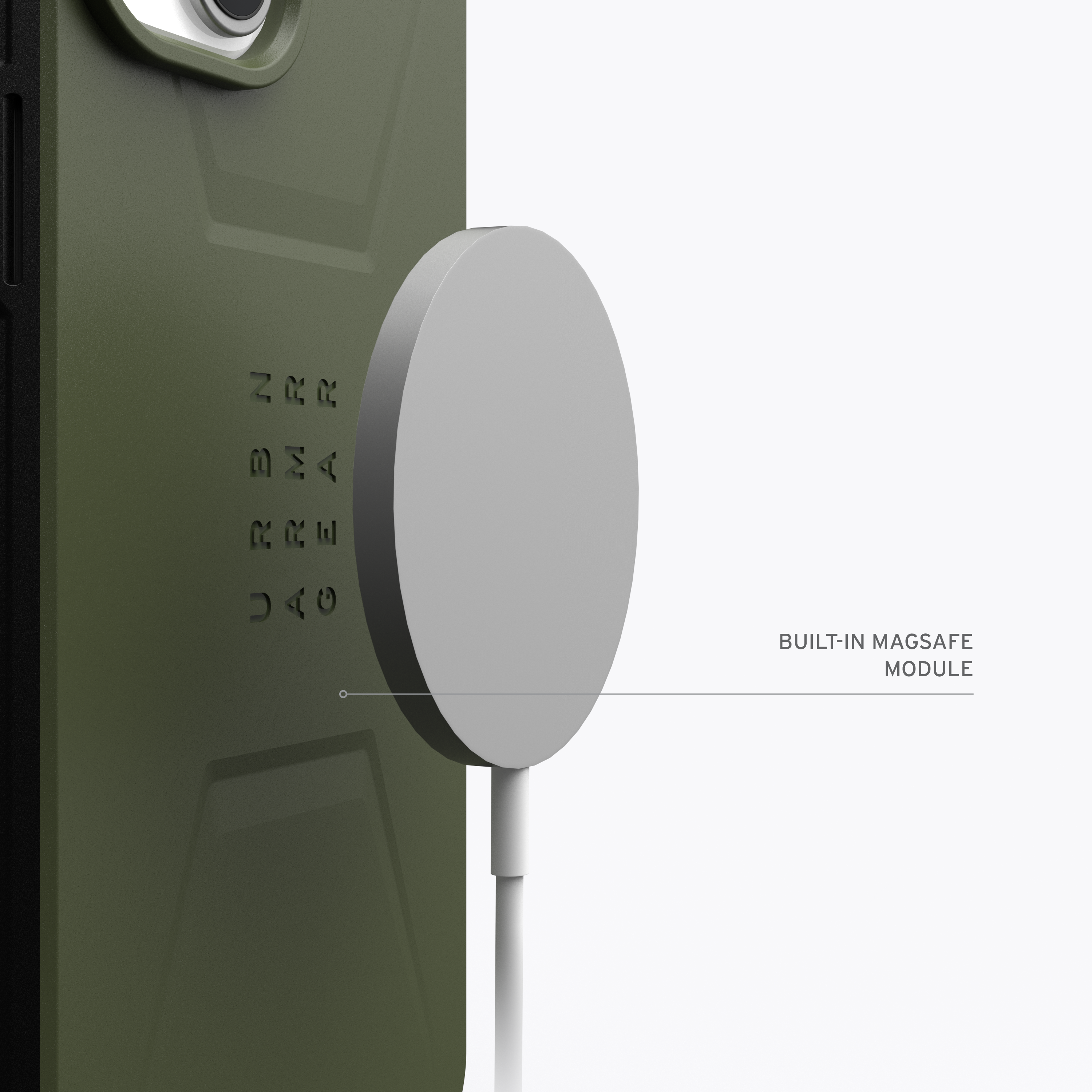 Grüne Handyhülle mit MagSafe-Ladegerät befestigt.