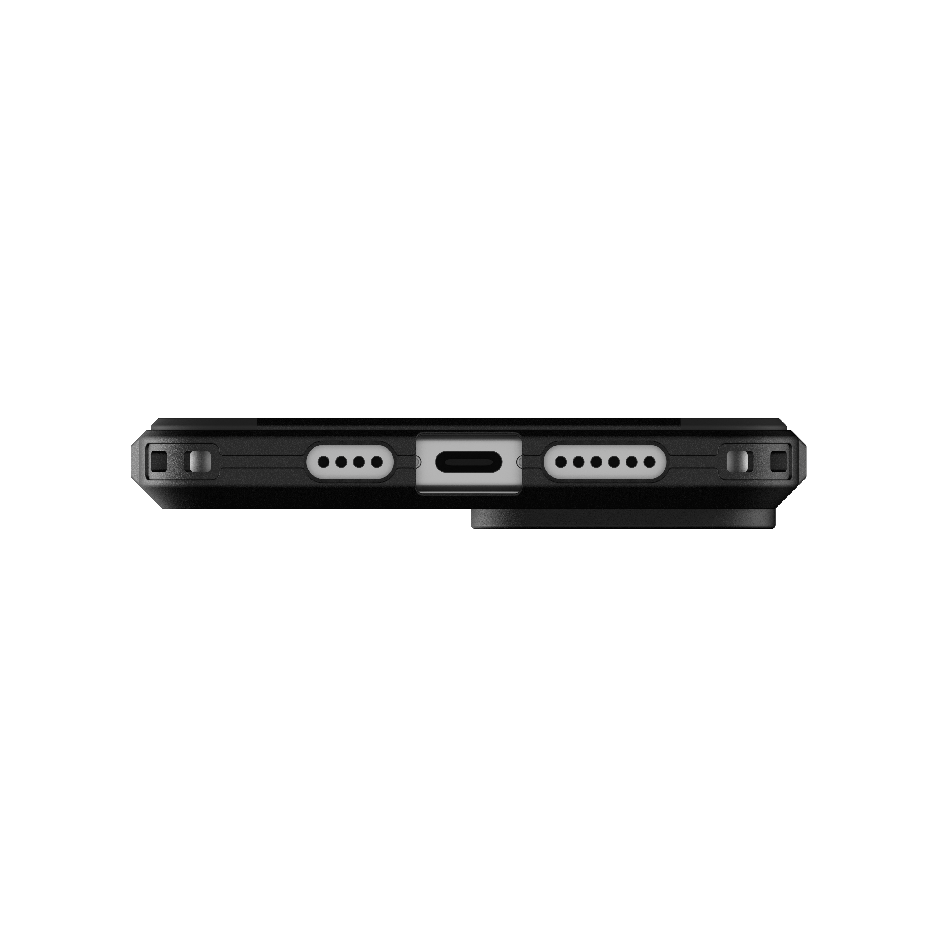 Una funda de teléfono negra con agujeros y un puerto de carga, sobre un fondo negro.
