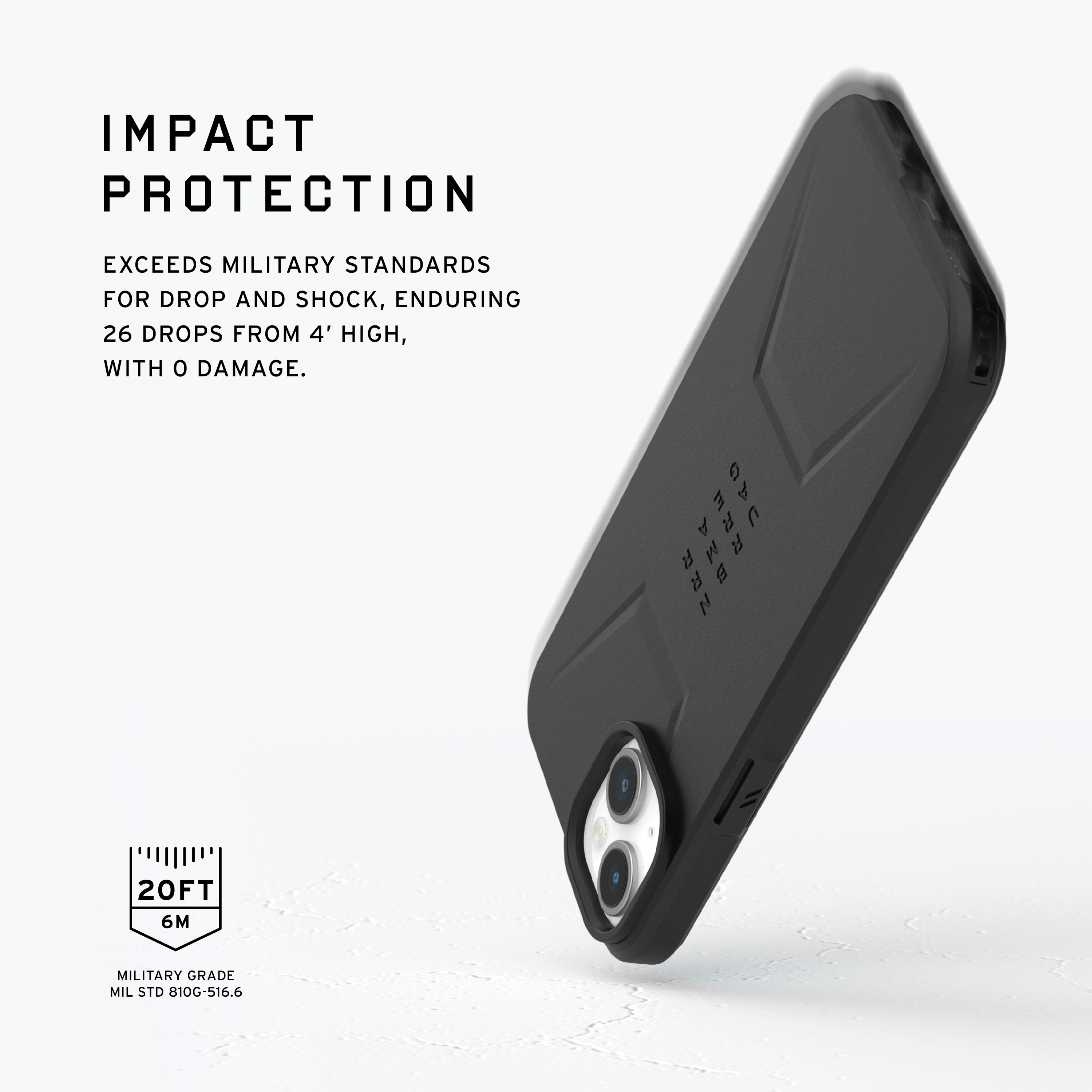 Una funda negra para teléfono, en ángulo, con el logotipo de UAG y texto sobre protección contra impactos, grado militar y altura de caída.