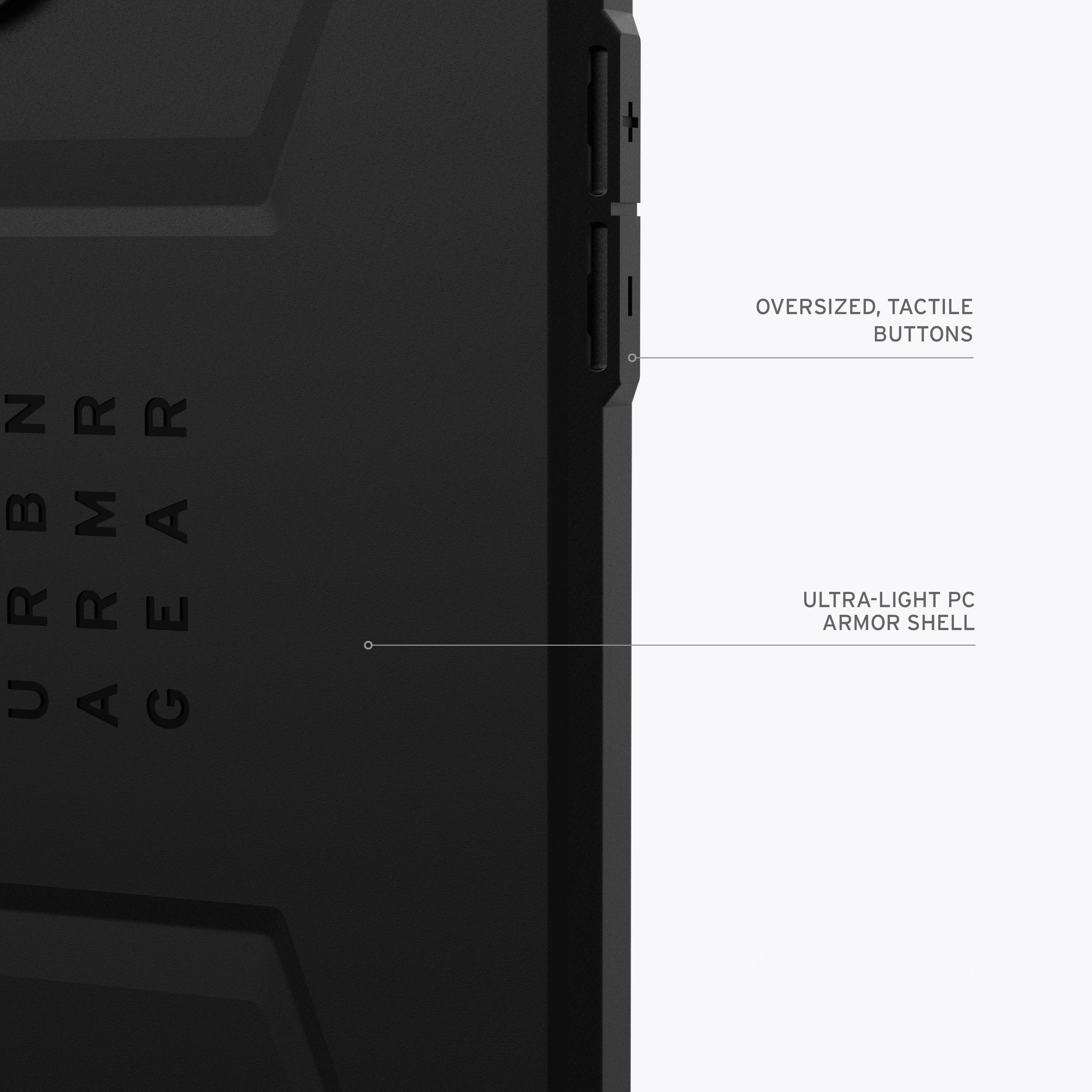 Funda negra para teléfono con texto URBN ARMOR GEAR y botones.