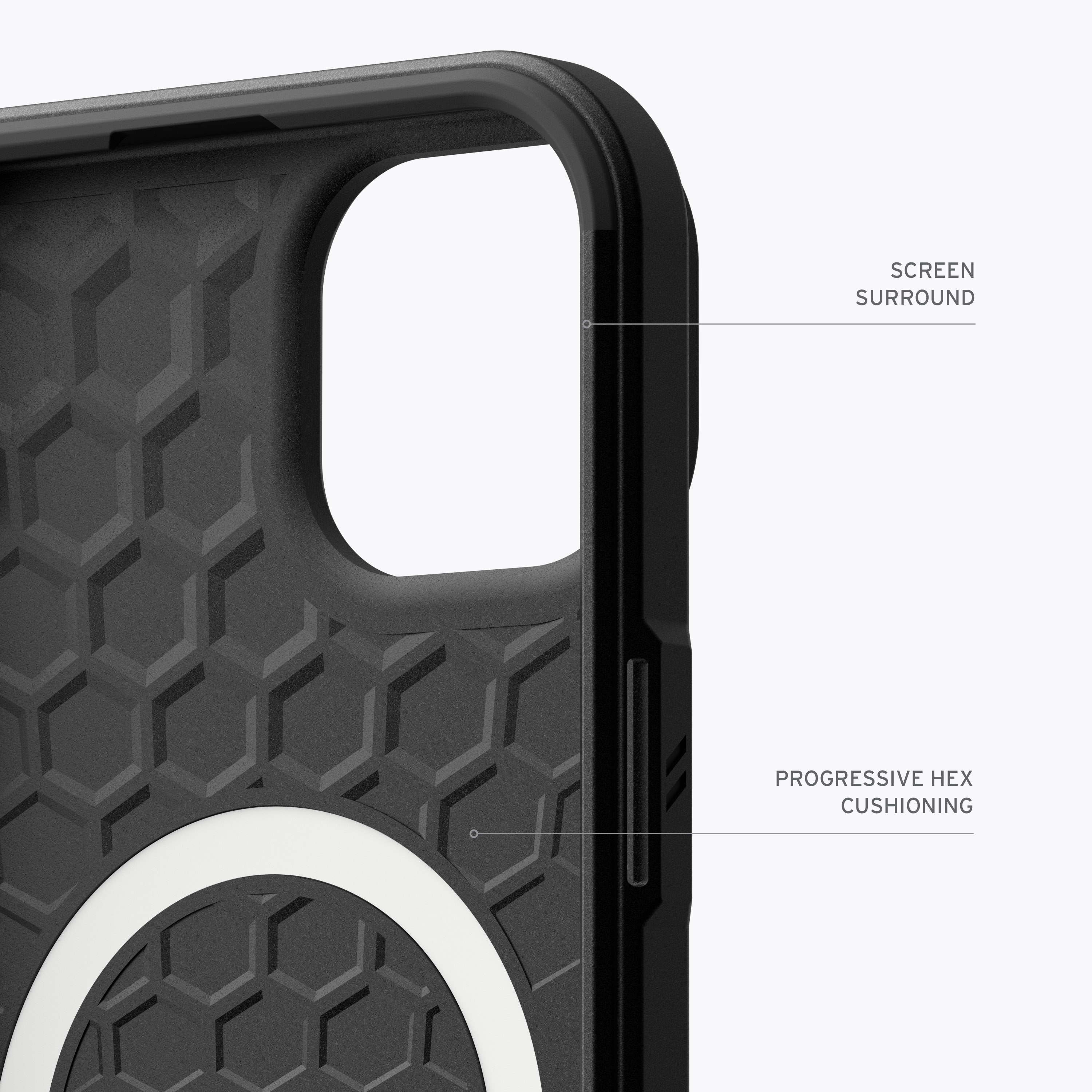 Primer plano del interior de la funda del teléfono. Negro con patrón hexagonal. Etiquetas: Screen Surround y Hex Cushioning.