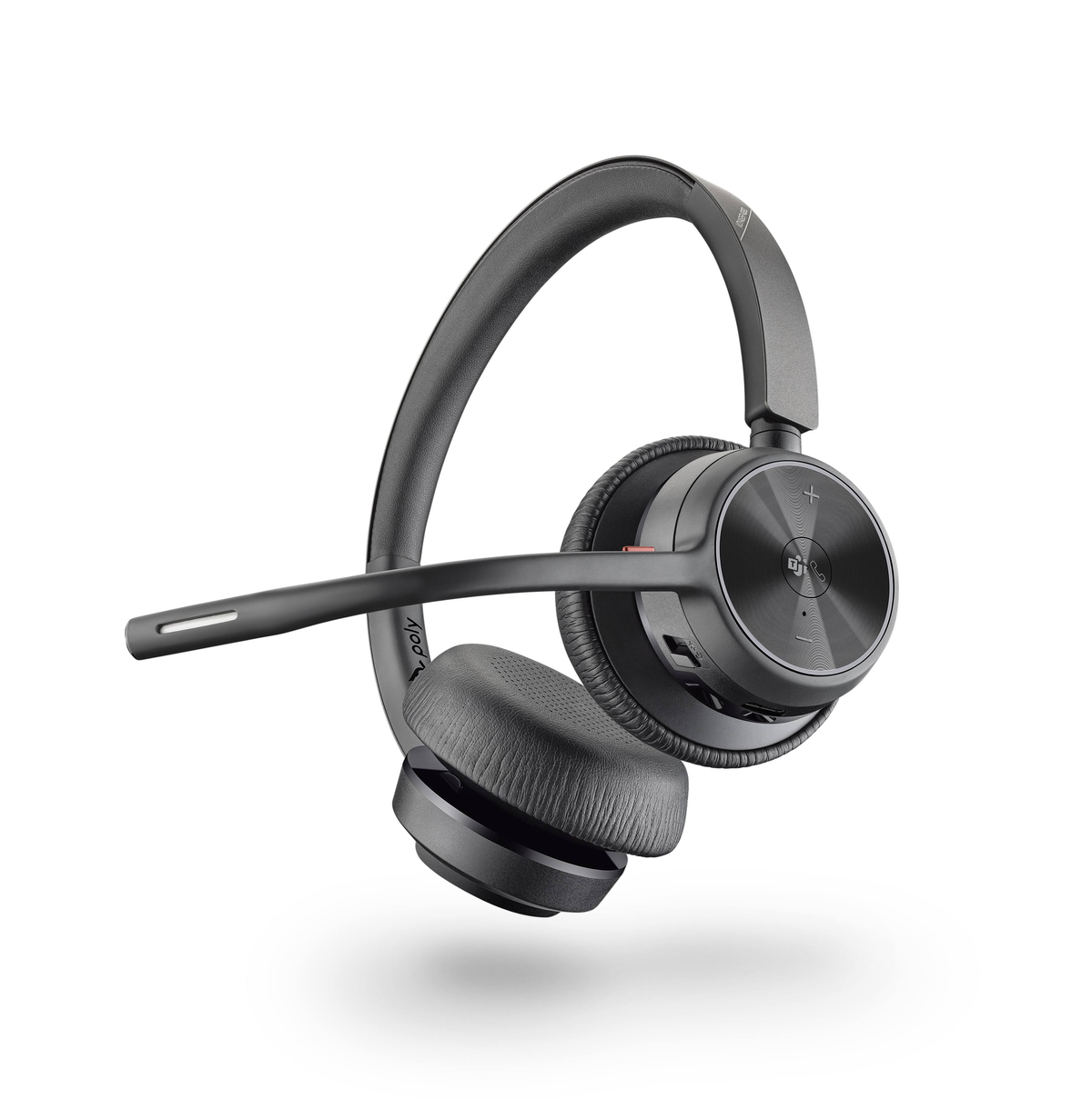 Un casque sans fil noir avec microphone, sur fond blanc. Le casque est en l'air.