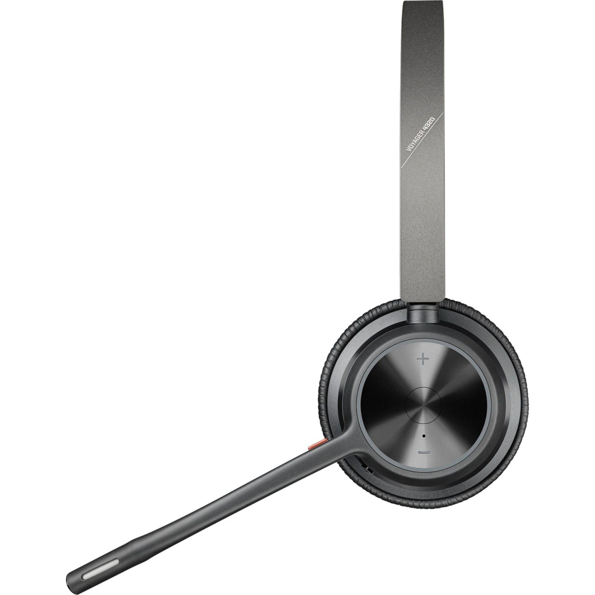 Casque gris avec microphone étendu. Détails noirs. Fond blanc.