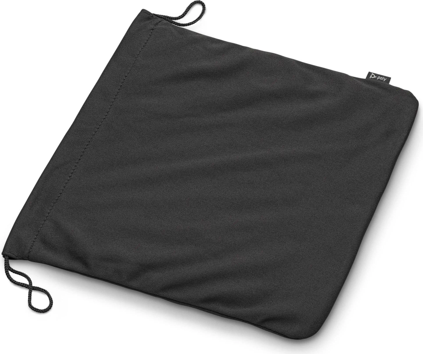 A black fabric pouch with a drawstring closure, isolated on a white background.