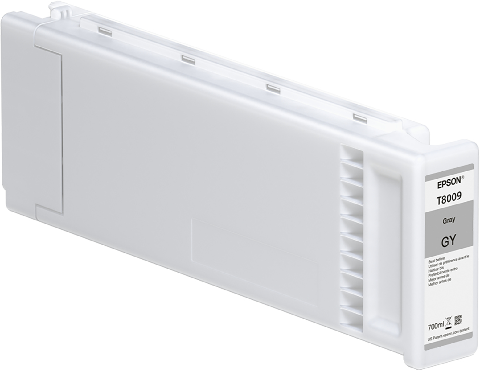 Epson T8009 graue Tintenpatrone, großer weißer Behälter, schräge Ansicht, Produktetikett.