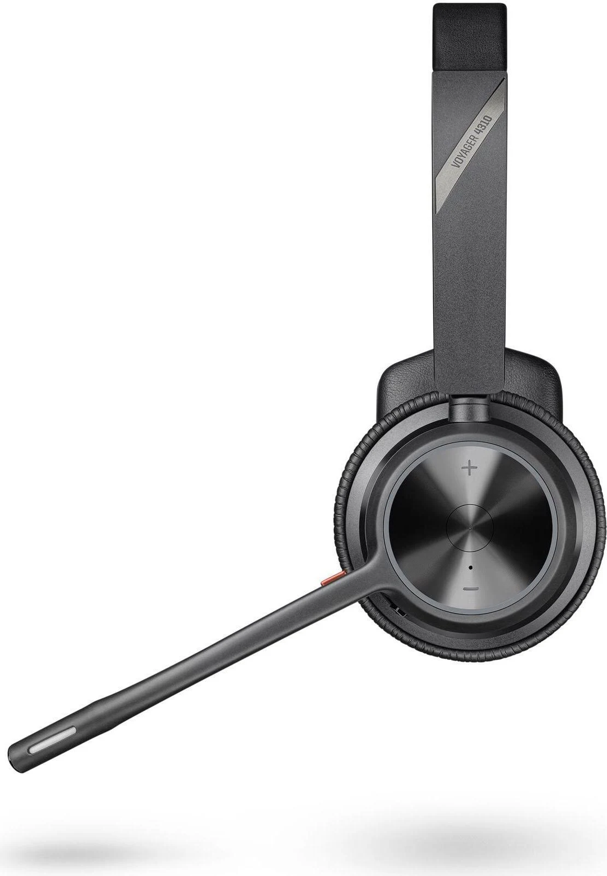 Zwarte en grijze headset met een microfoon, geplaatst tegen een witte achtergrond.