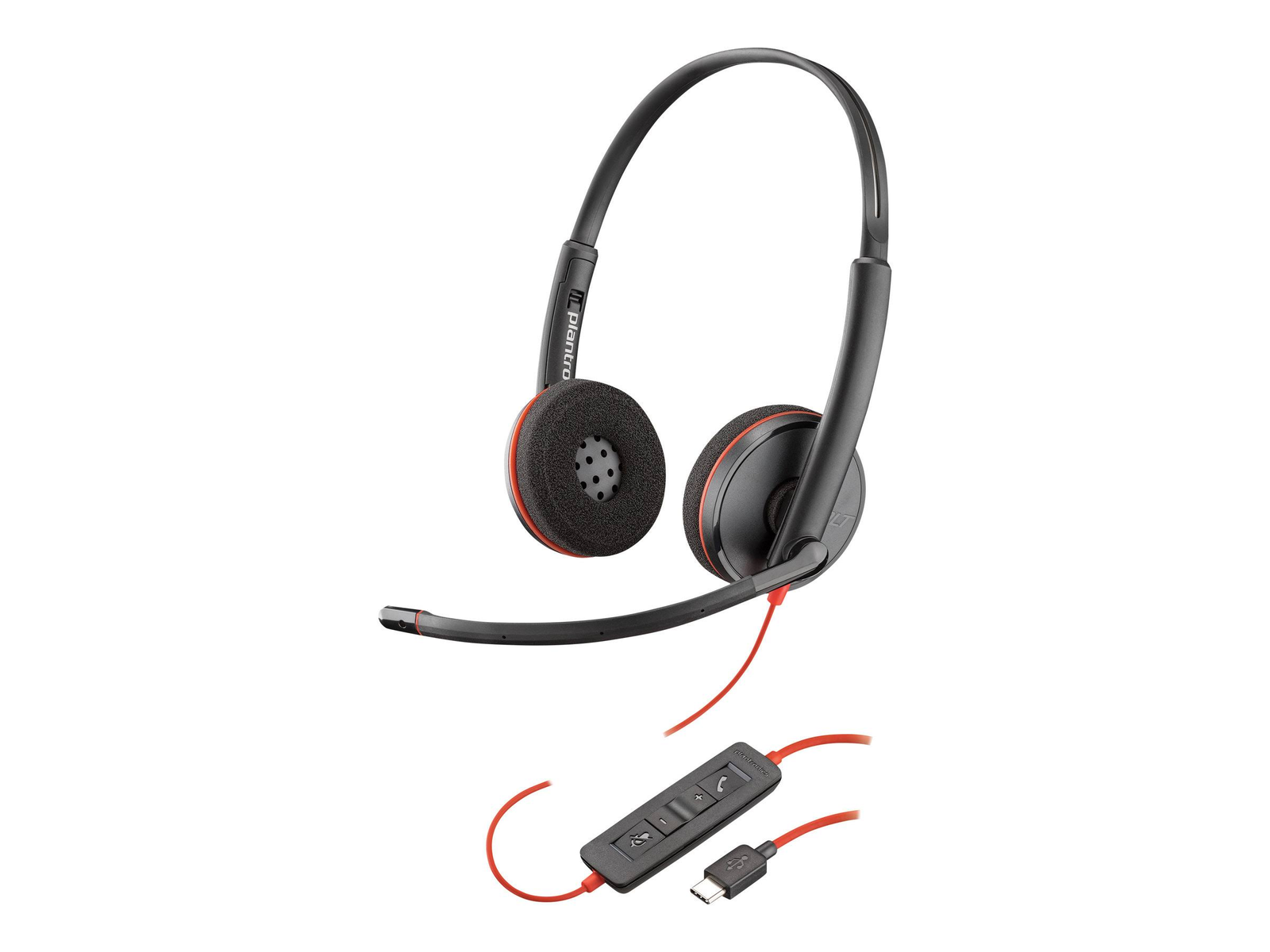 Un casque noir avec des touches de rouge, connecté à un module de contrôle et un câble USB-C.