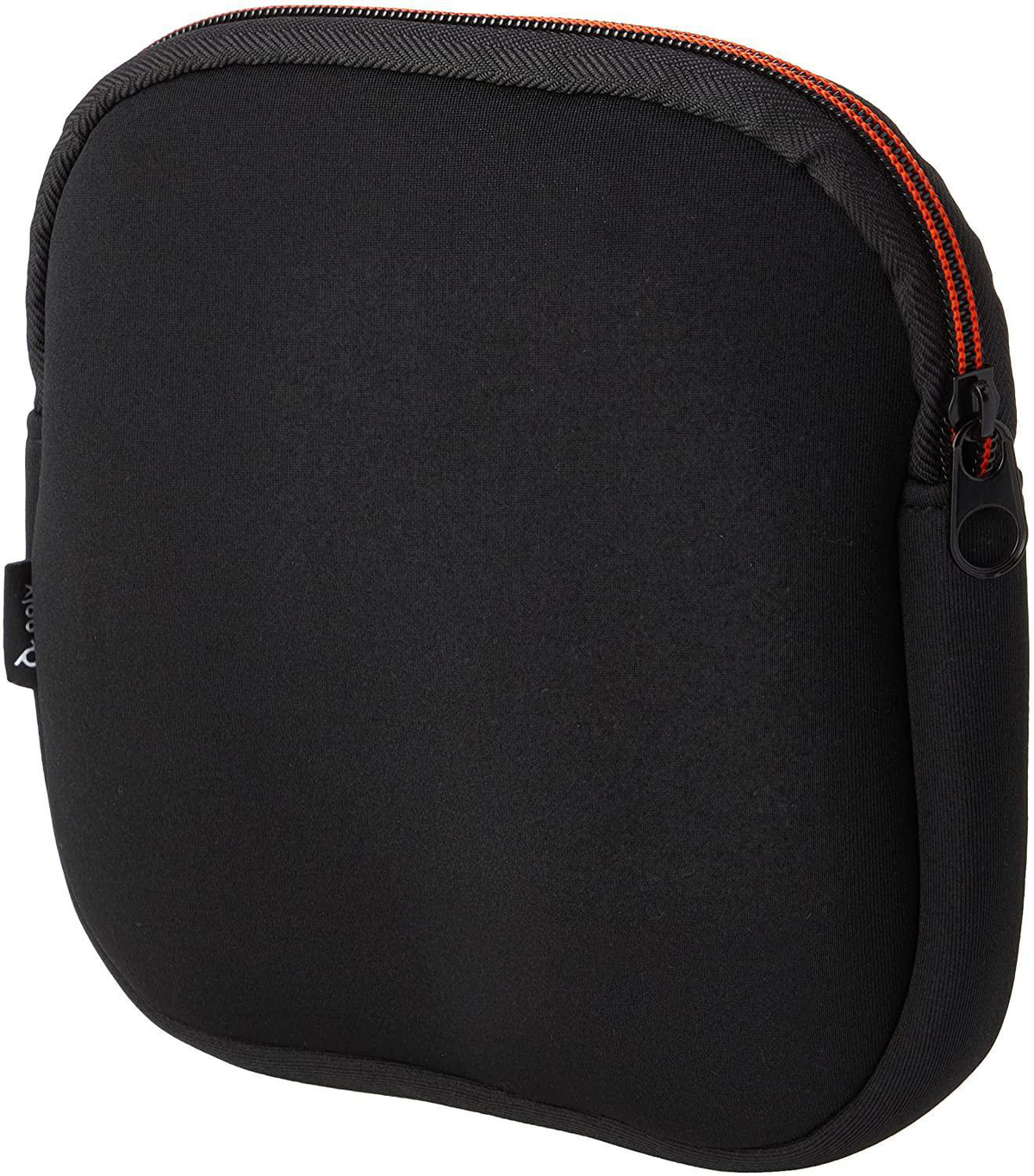 Czarny futerał z pomarańczowym zamkiem błyskawicznym. Jest to mały, zaokrąglony futerał.