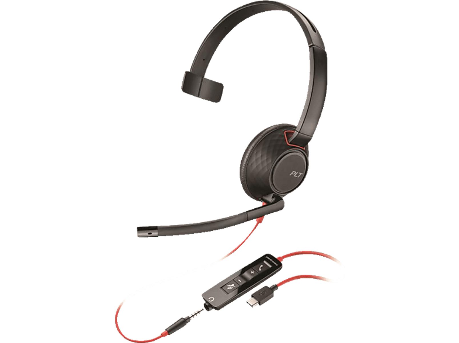Czarny zestaw słuchawkowy Plantronics z mikrofonem, regulacją głośności i wyciszaniem. Widoczny czerwono-biały kabel.
