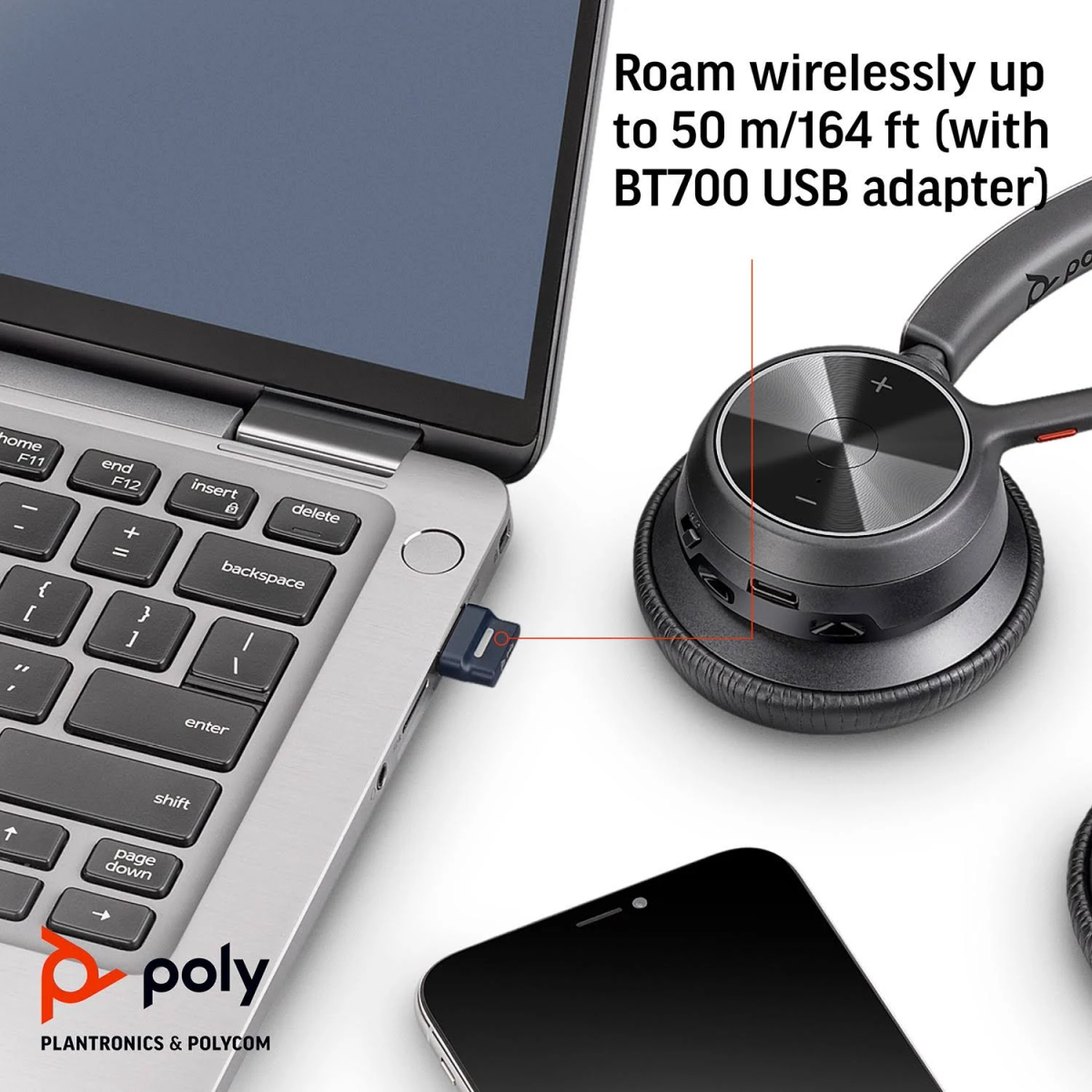 Laptop, USB adapter, and headset. The headset is connected to the USB adapter.