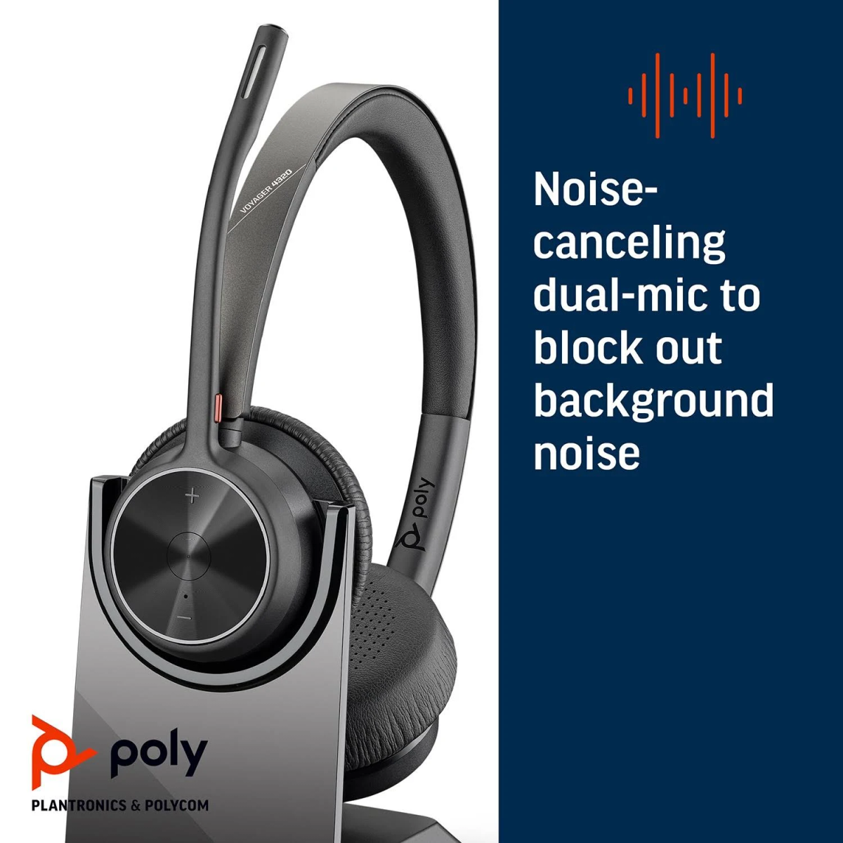 Zwarte headset op standaard. Tekst over noise cancelling. Blauwe en witte achtergrond.