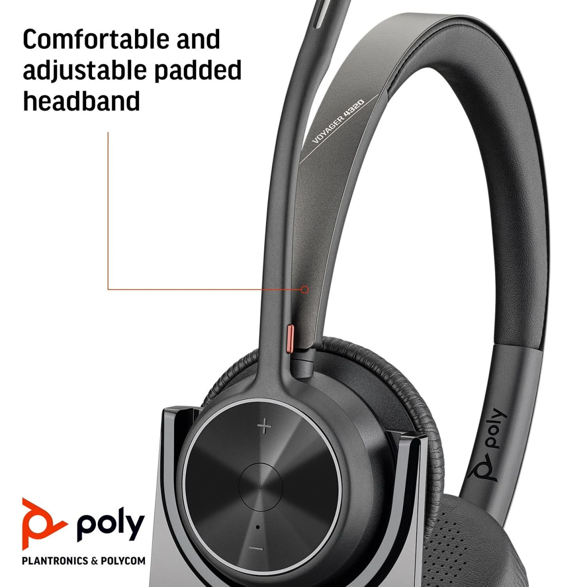 Black and gray headset on a stand. Text overlay: Comfortable padded headband.